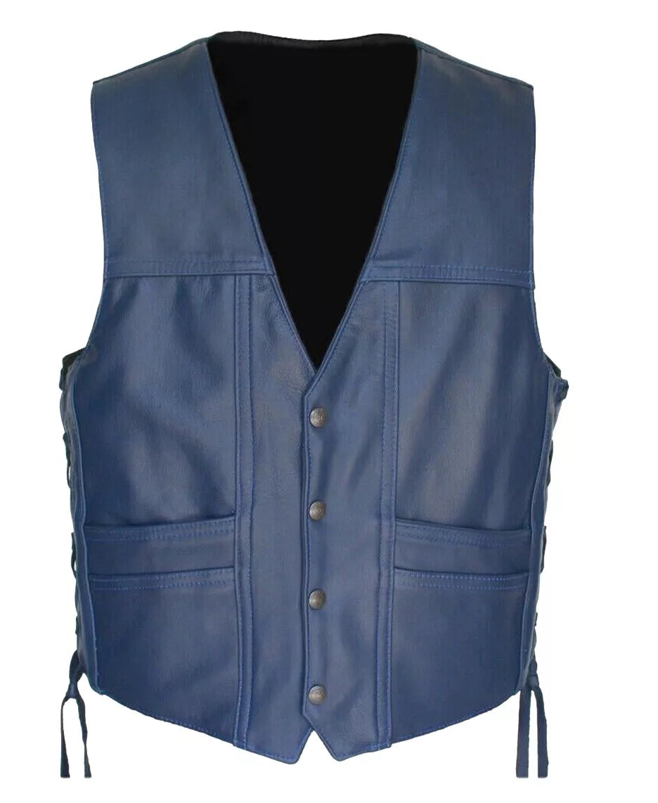 Lush Gear men's blue leather vest with button front and side lace-up details