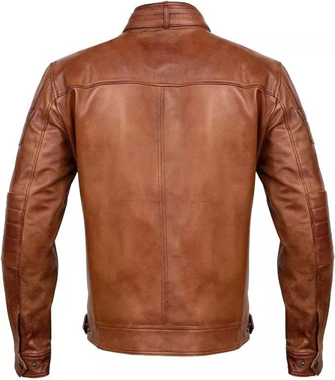 Back view of men's brown biker leather jacket by Lush Gear with stitched details and adjustable waist tabs