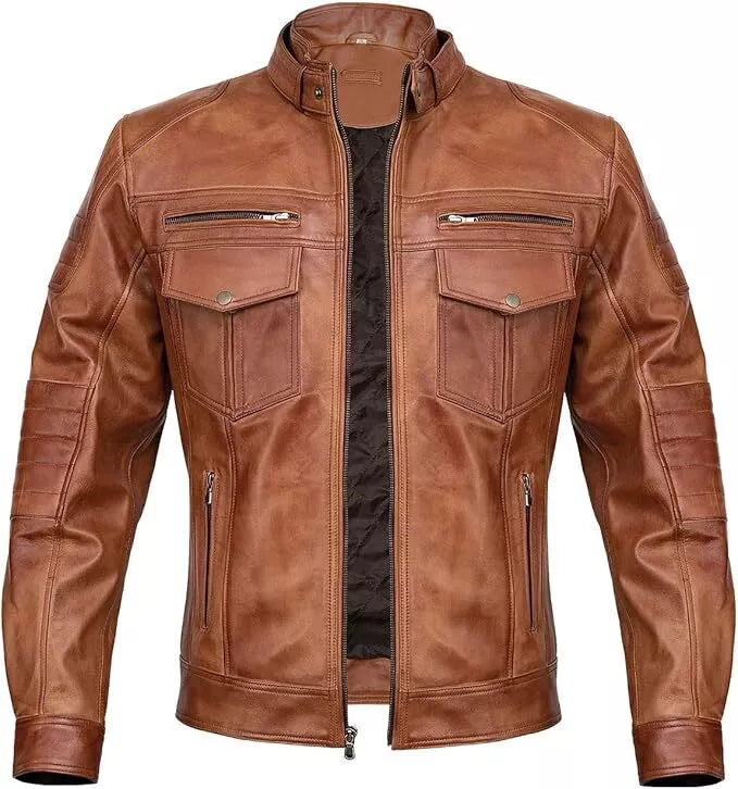 Lush Gear men's brown biker leather jacket with zippered and buttoned pockets front view