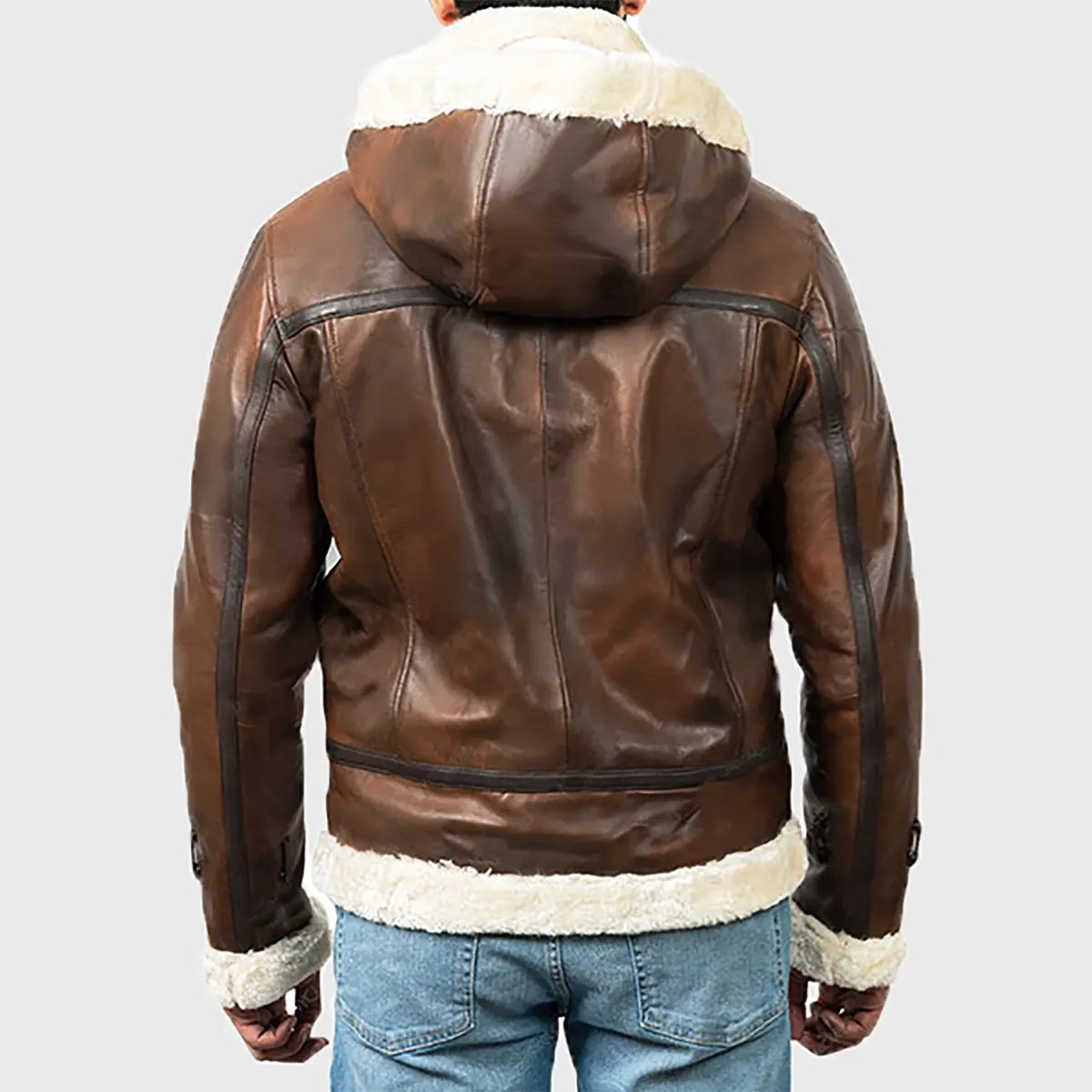 Back view of men's brown bomber leather jacket with white shearling lining by Lush Gear