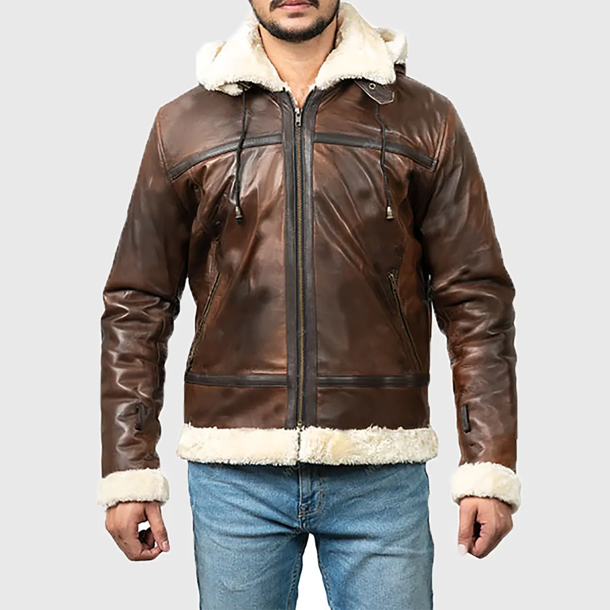 Lush Gear men's brown bomber leather jacket with shearling collar and cuffs