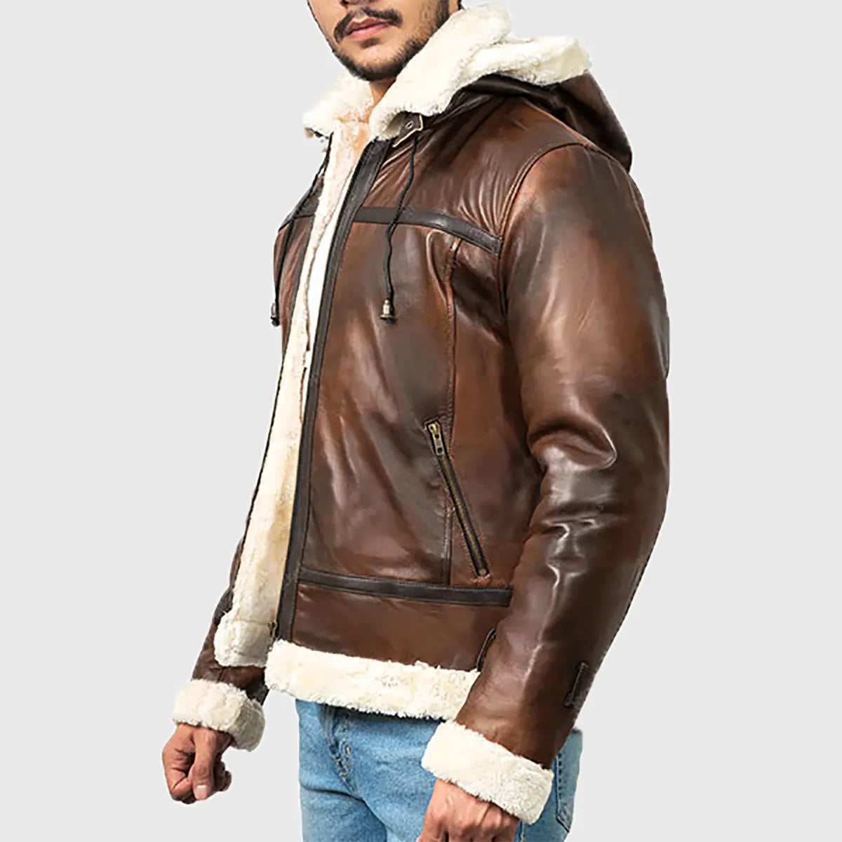 Lush Gear men's brown bomber leather jacket with white fur lining and zippered pockets