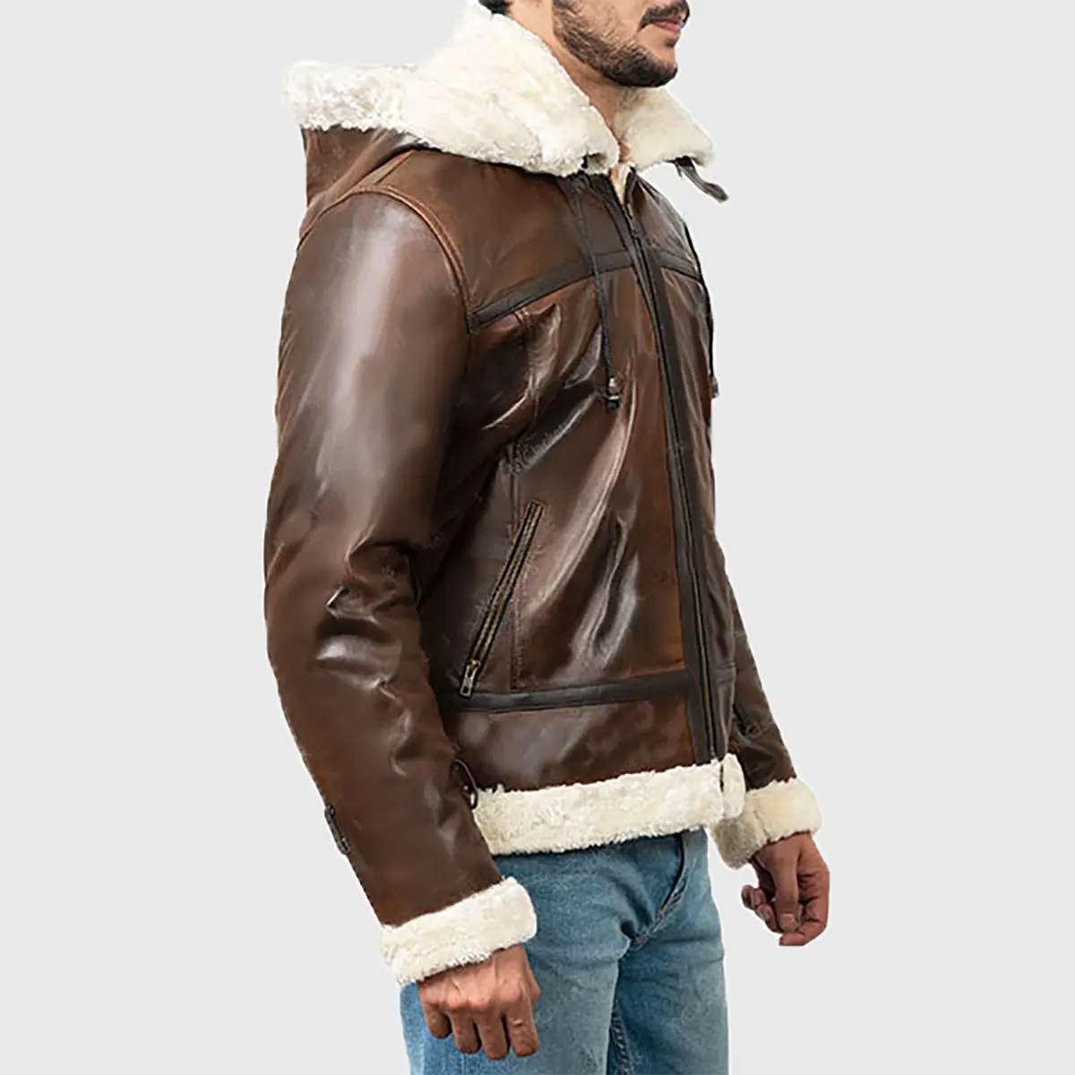 Lush Gear men's brown bomber leather jacket with white shearling collar and cuffs