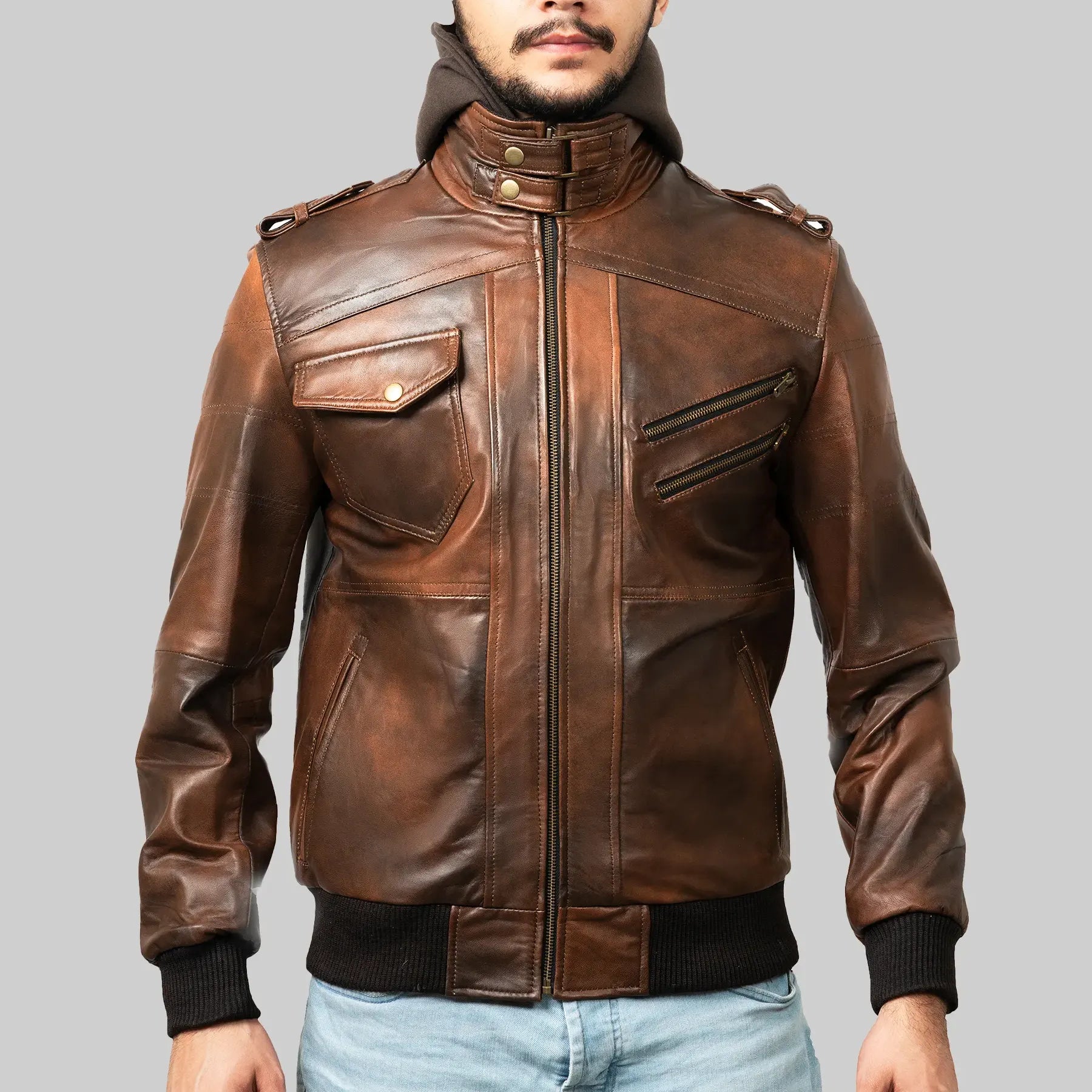 Men's brown leather biker jacket by Lush Gear with zip and button details on front