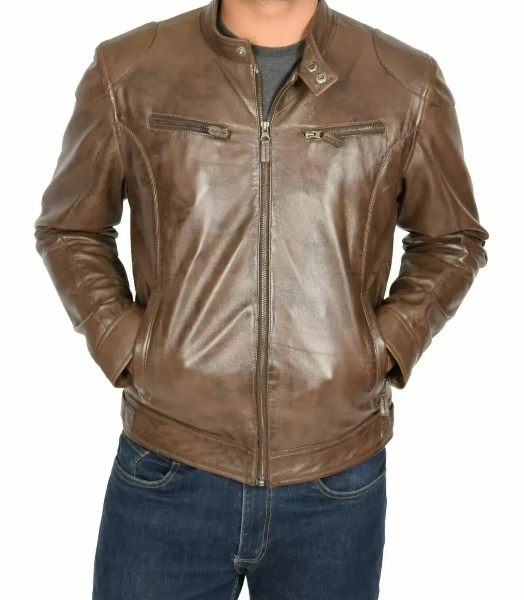 Lush Wear men's brown leather biker jacket with front zipper and zippered chest pockets