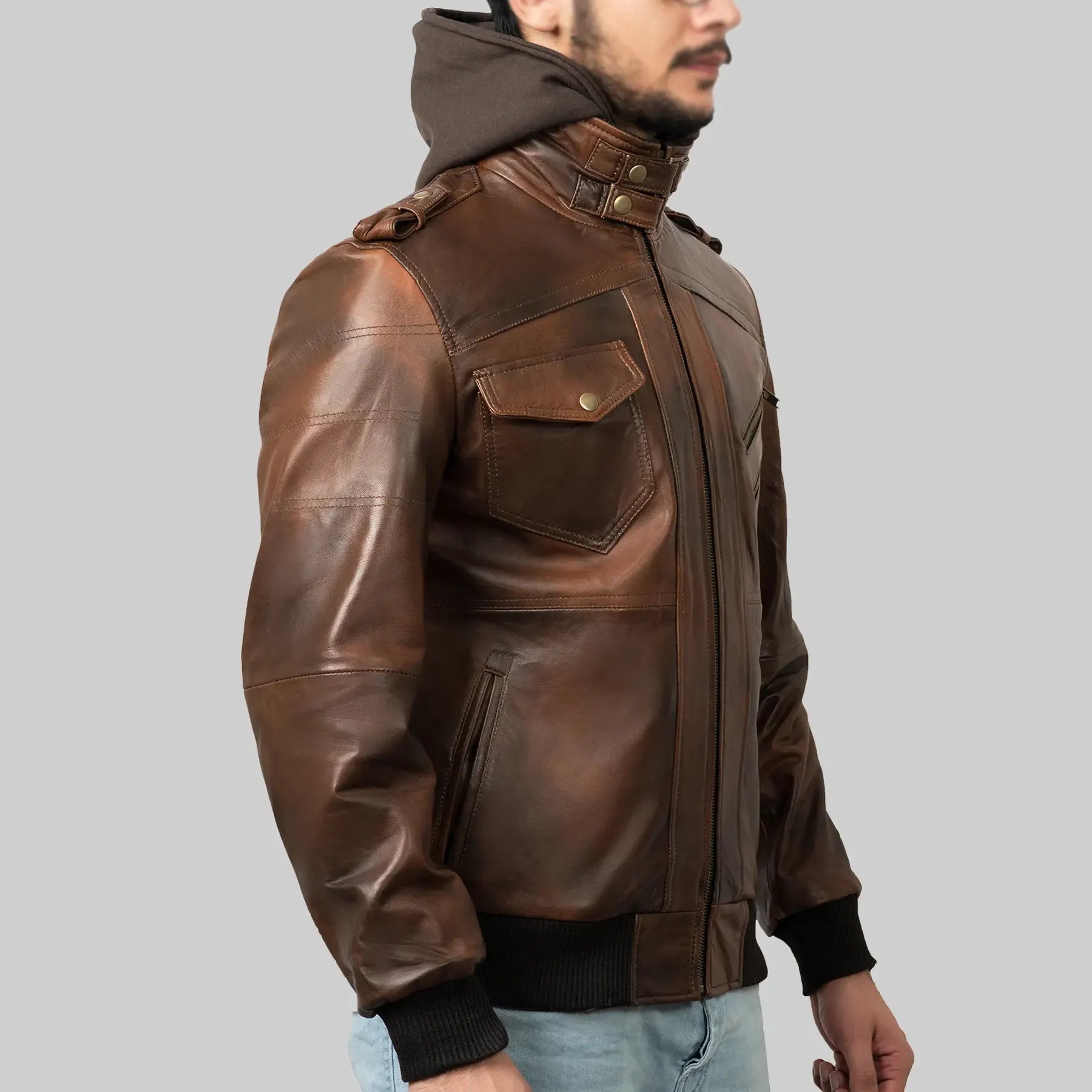 Lush Gear men's brown leather biker jacket with front pockets and ribbed cuffs