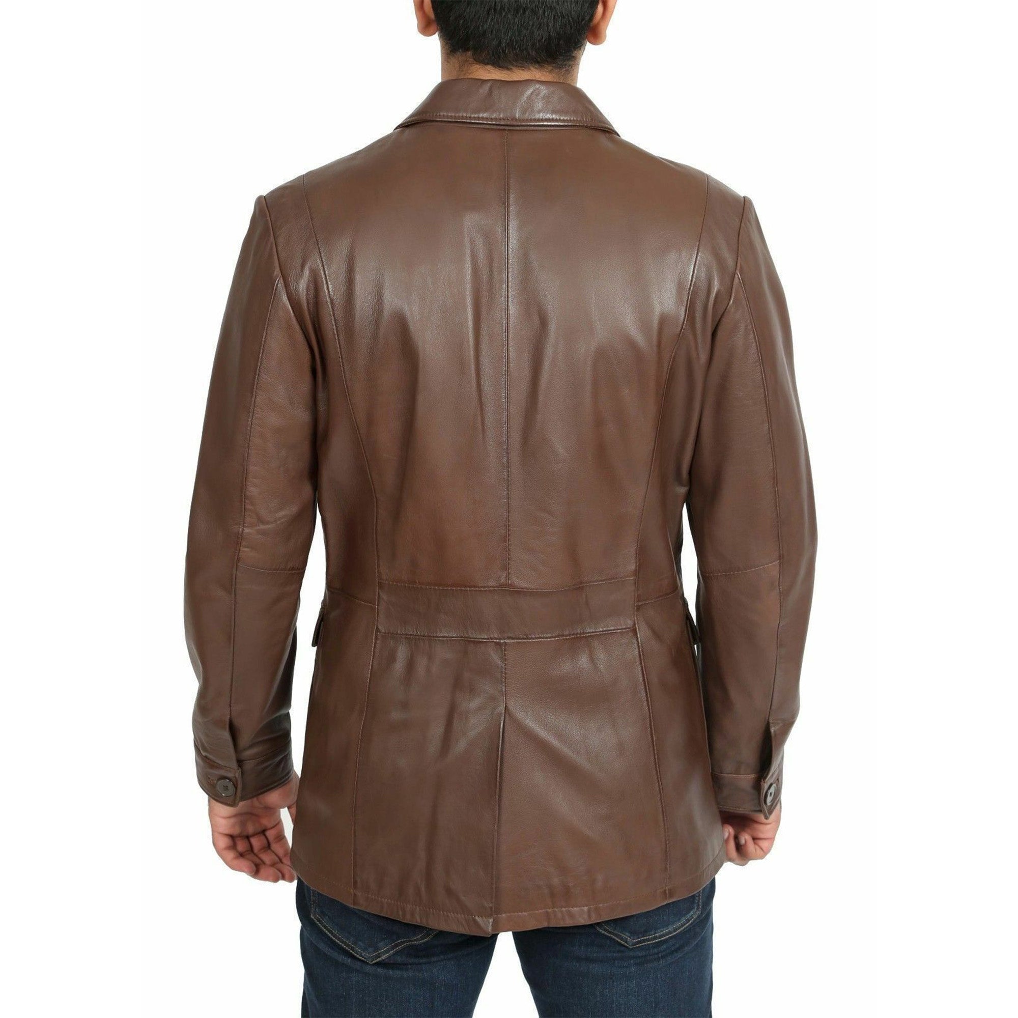 Back view of men's brown leather blazer from Lush Gear with long sleeves and buttoned cuffs
