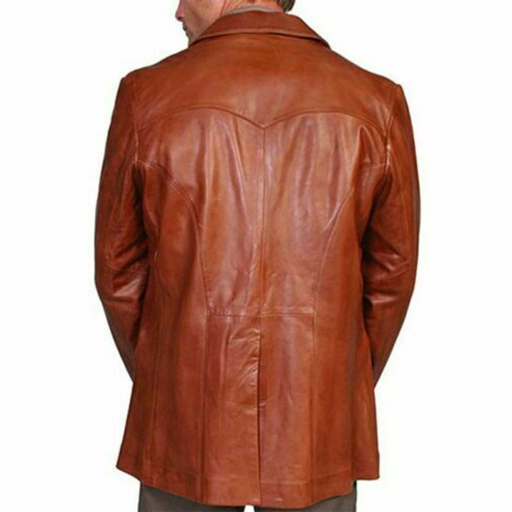 Lush Gear men's brown leather blazer shown from the back with detailed stitching and smooth finish