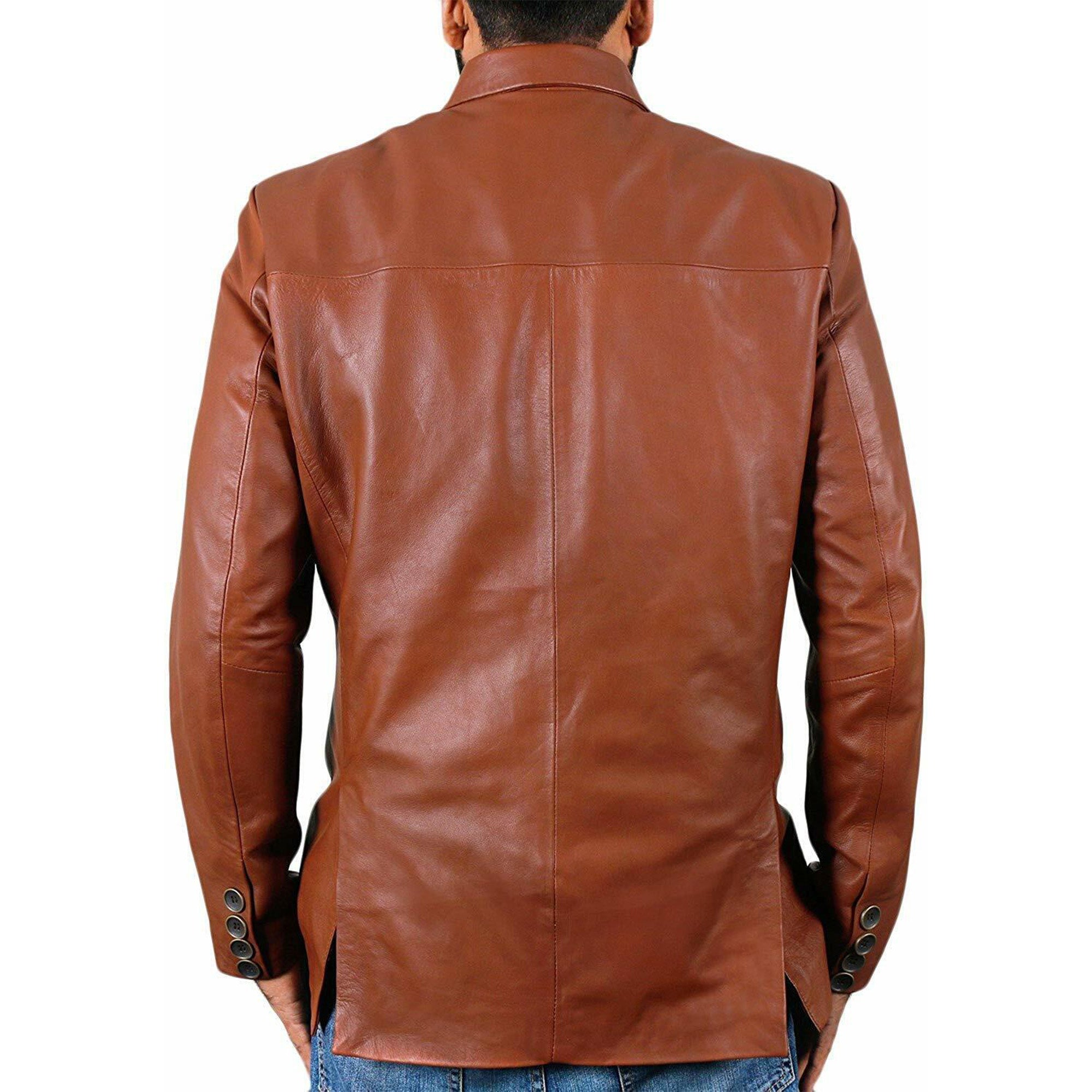Back view of men's brown leather blazer showing smooth texture and buttoned cuffs