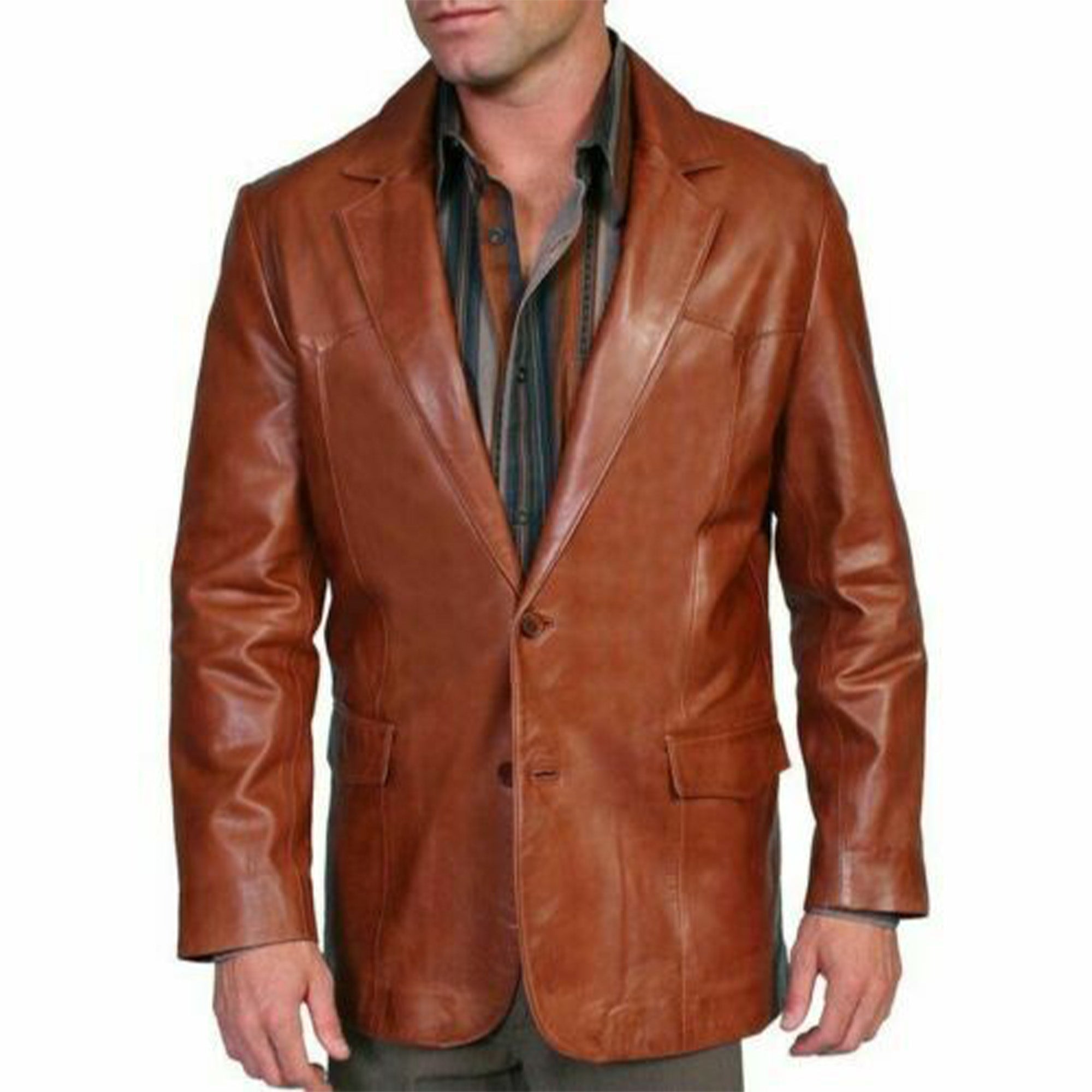 Lush Gear men's brown leather blazer with notch lapels and button closure for a classic look