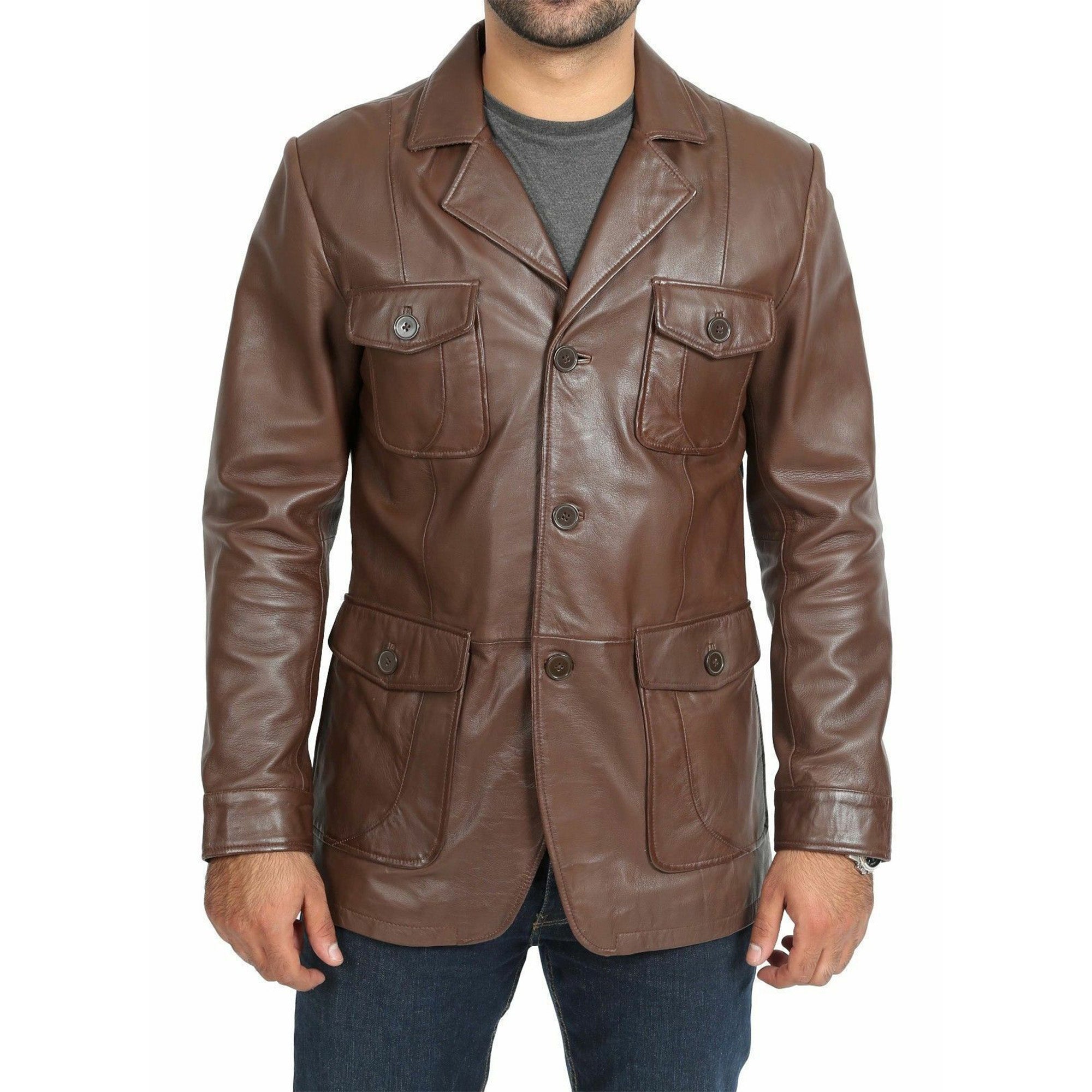 Lush Gear men's brown leather blazer with buttoned front and four flap pockets
