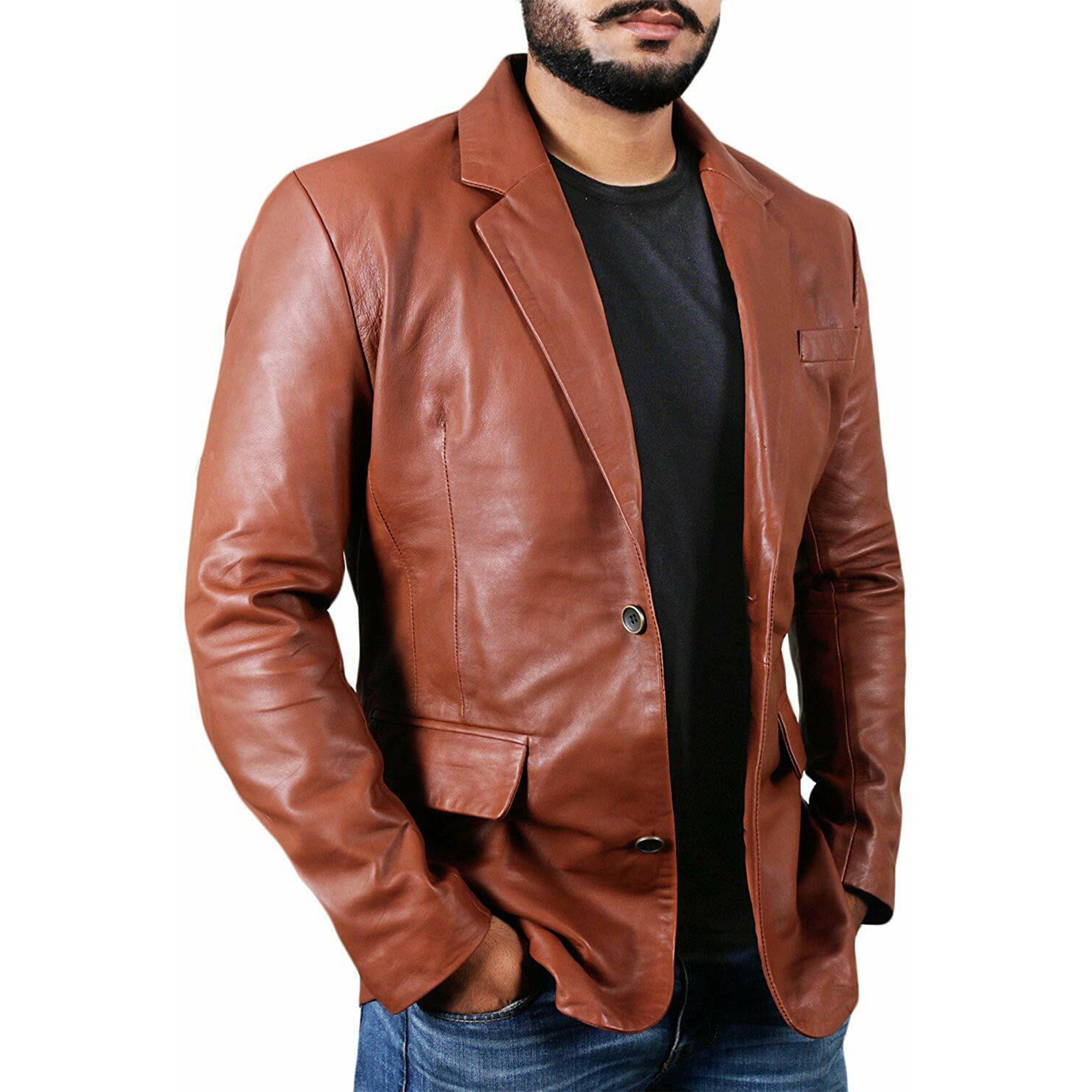 Lush Gear men's brown leather blazer worn over black shirt with blue jeans