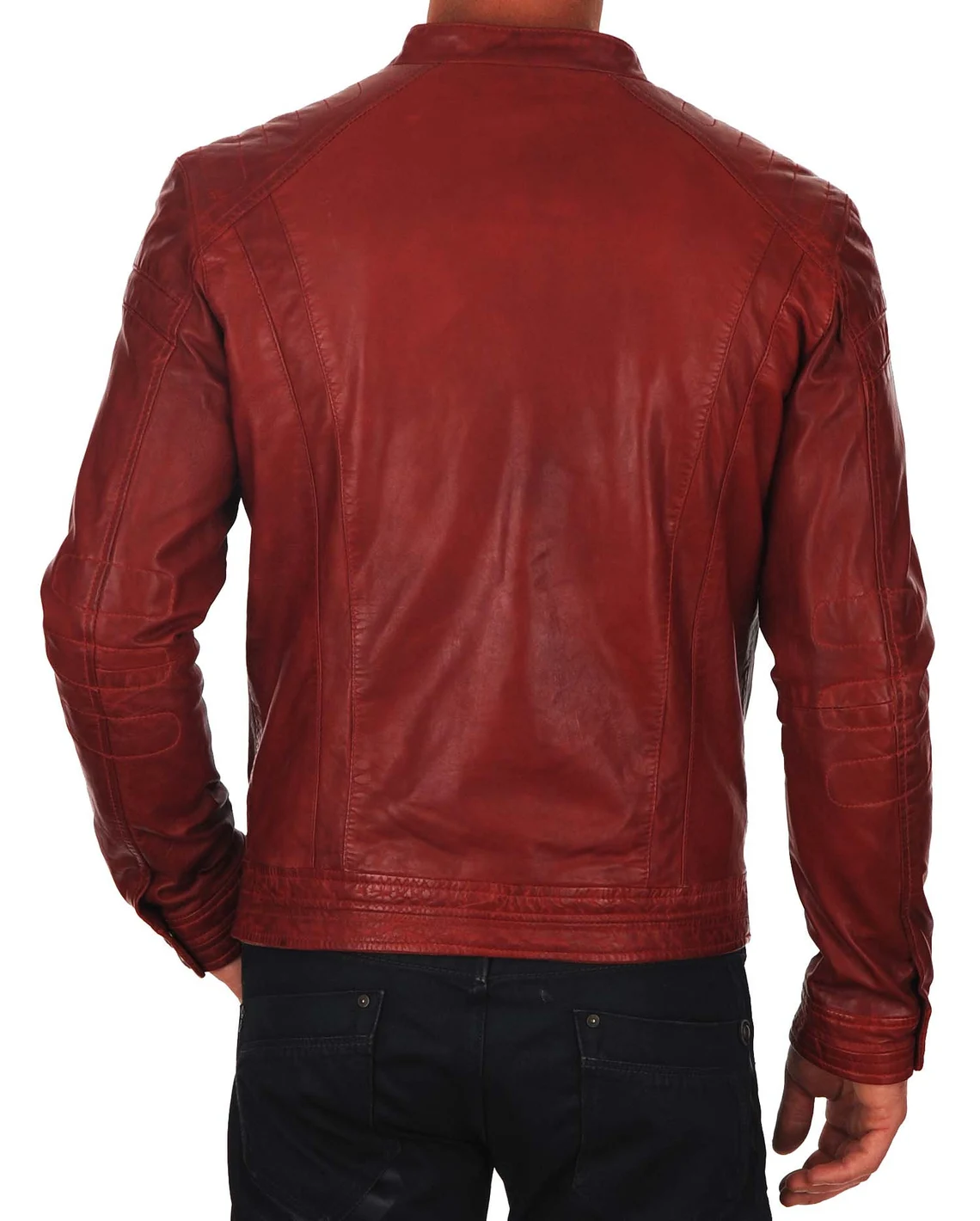 Back view of men's brown leather cafe racer jacket by Lush Gear with quilted shoulder detailing