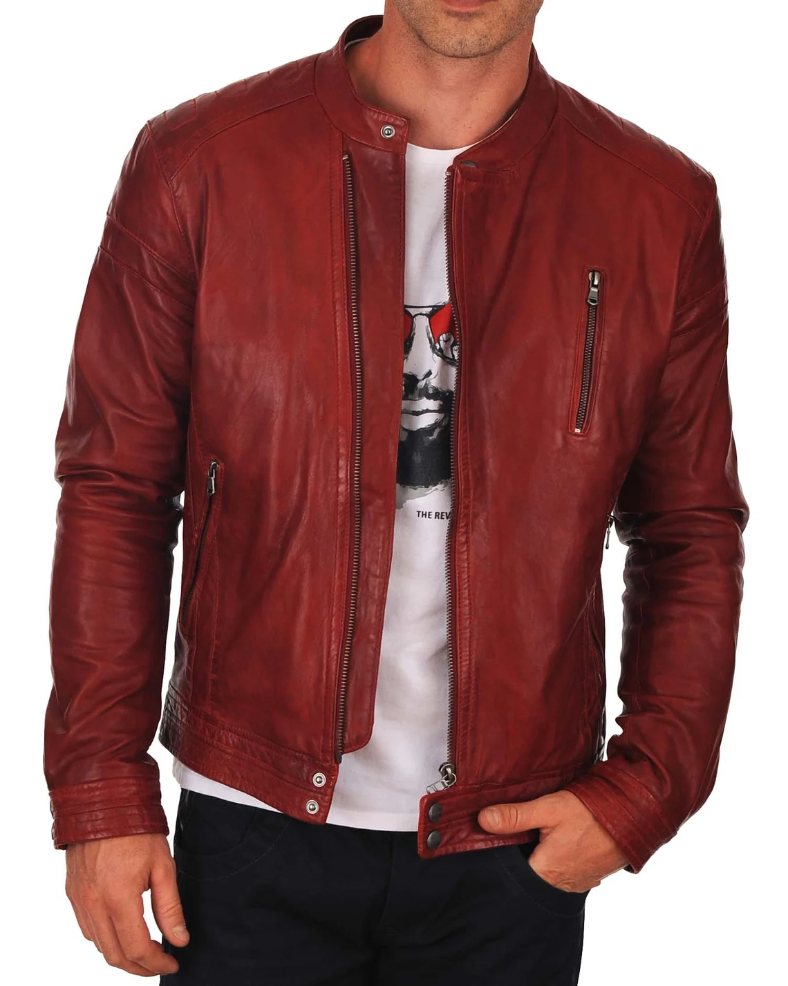 Lush Gear men's brown leather cafe racer jacket with zippered pockets and snap collar