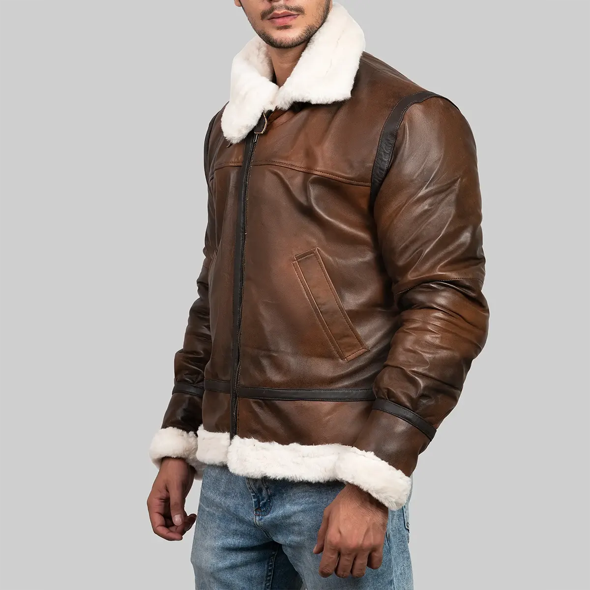Lush Gear men's brown shearling jacket with white fur collar and cuffs styled with blue jeans