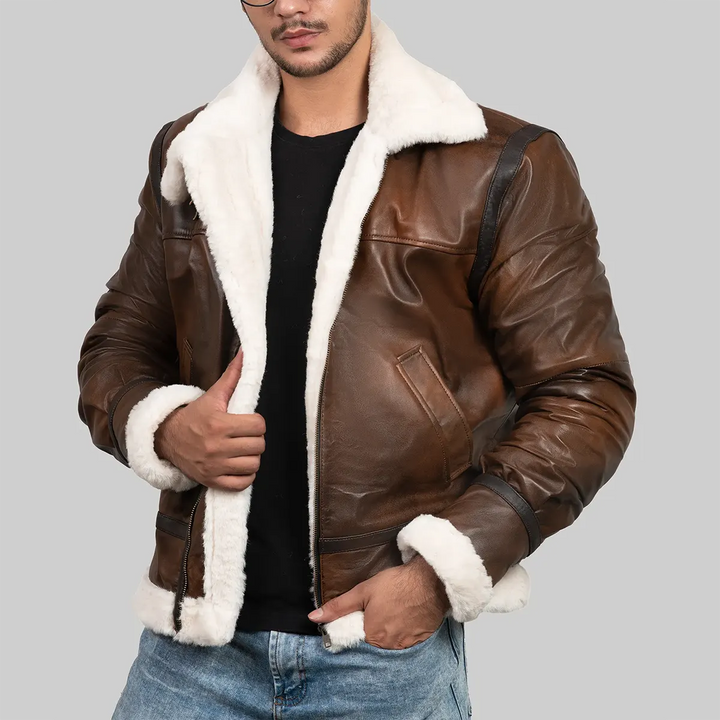 Men wearing men's brown shearling jacket with white fur collar and cuffs by Lush Gear