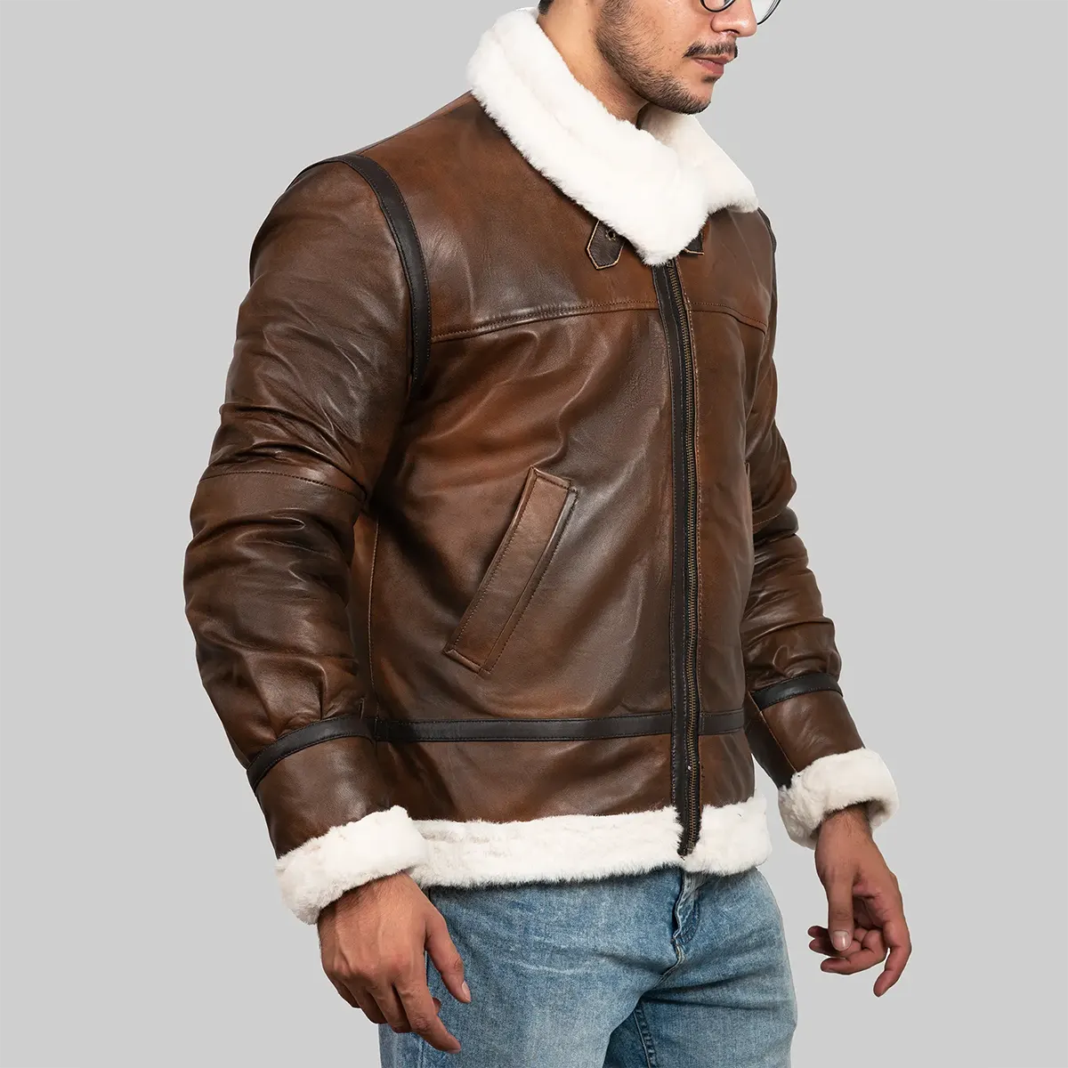 Lush Gear men's brown shearling jacket with white fur collar and cuffs styled with blue