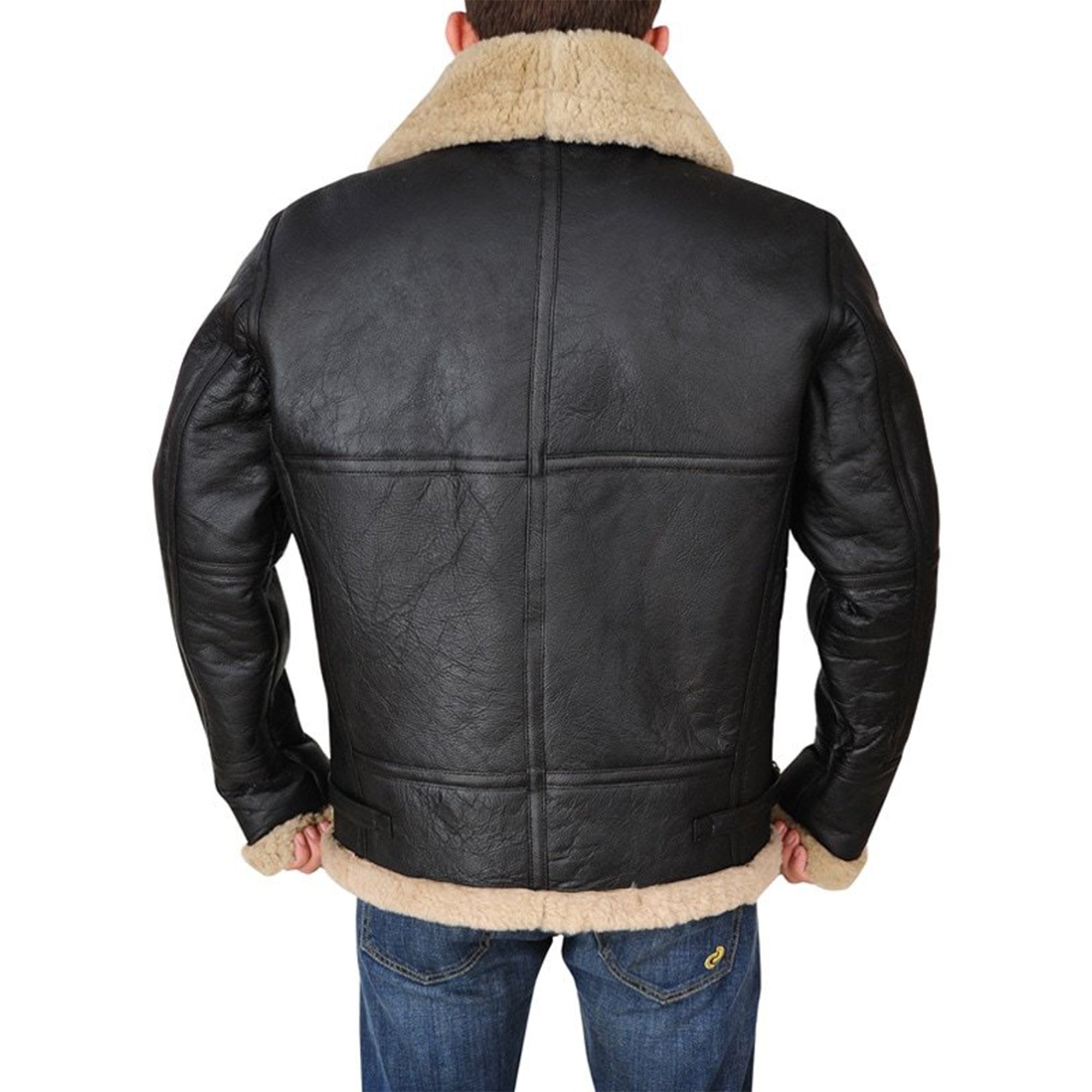 Back view of men's brown shearling leather jacket with cream shearling collar and cuffs