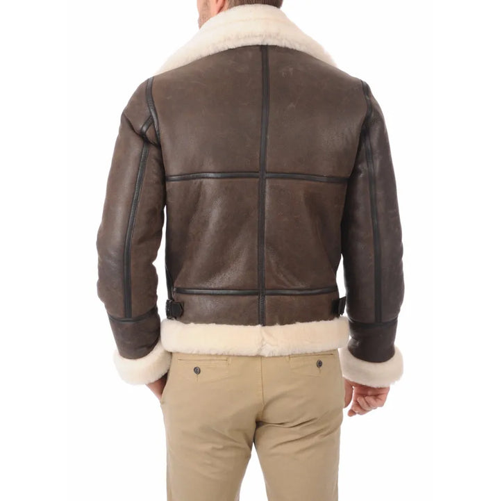 Back view of men's brown shearling leather jacket with white fur collar and cuffs by Lush Gear