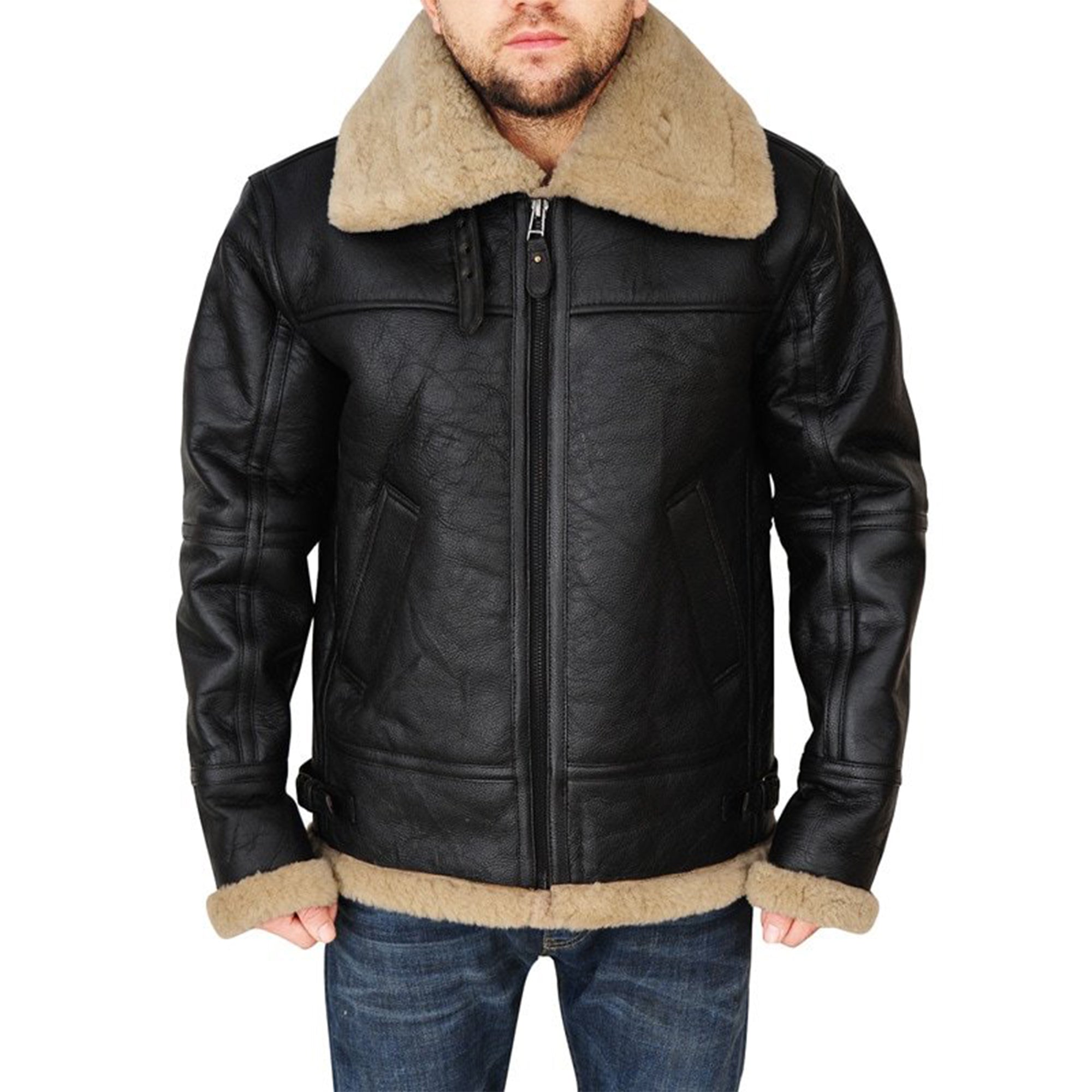 Men wearing men's brown shearling leather jacket with beige fur collar and cuffs by Lush Wear