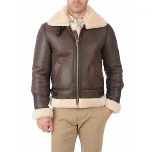 Men's brown shearling leather jacket by Lush Wear with cream fur collar and cuffs