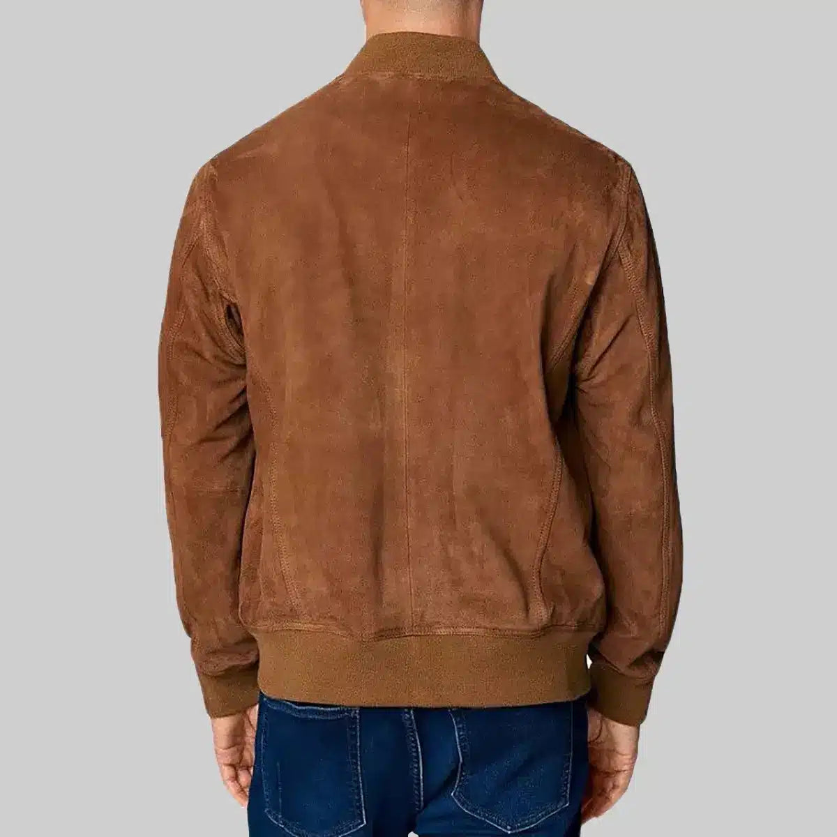 Back view of men's brown suede bomber jacket by Lush Gear with ribbed cuffs and waistband