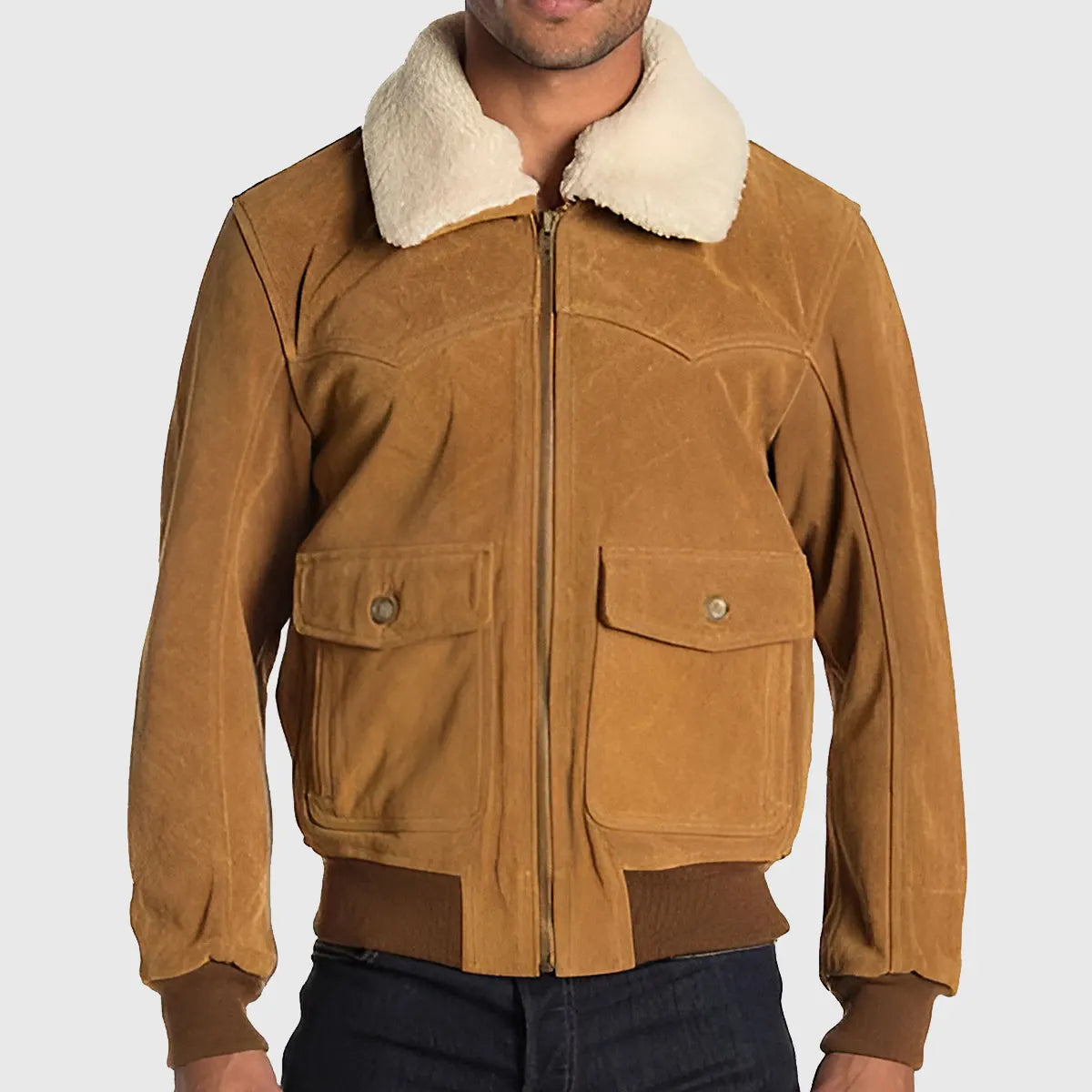 Lush Gear men's brown suede bomber jacket with shearling collar and front pockets