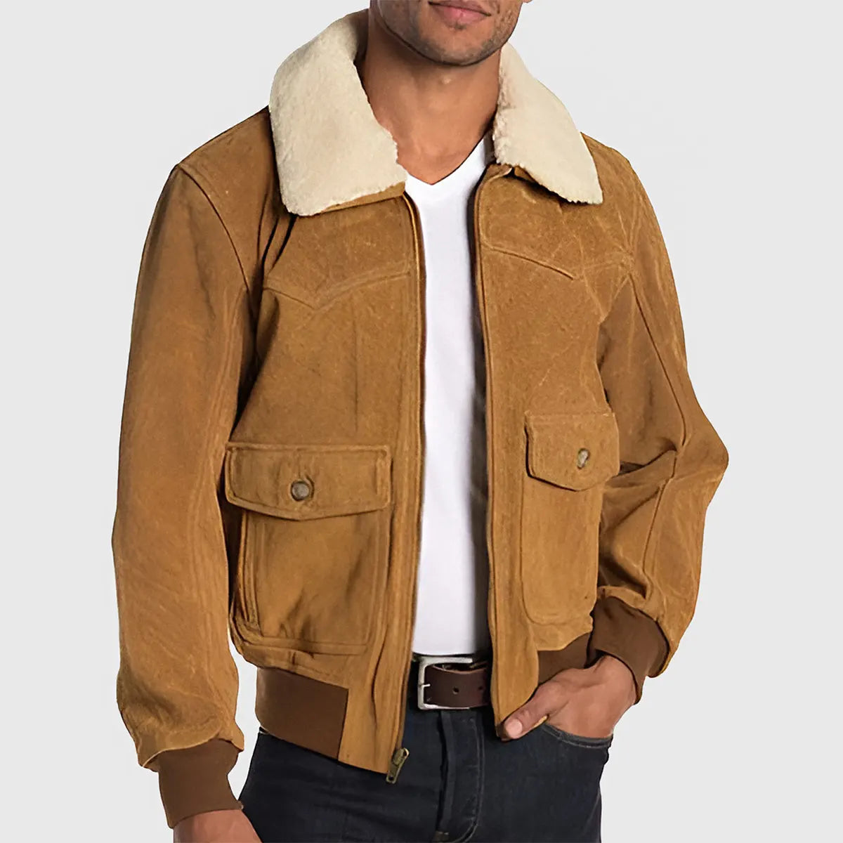 Lush Gear men's brown suede bomber jacket with white shearling collar and front pockets