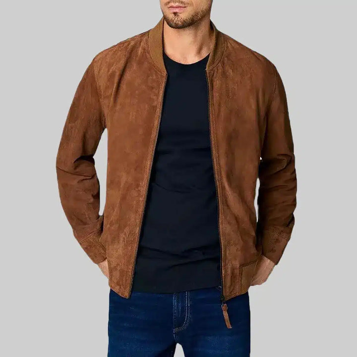 Lush Gear men's brown suede bomber jacket with front zipper and ribbed cuffs worn with black shirt and jeans