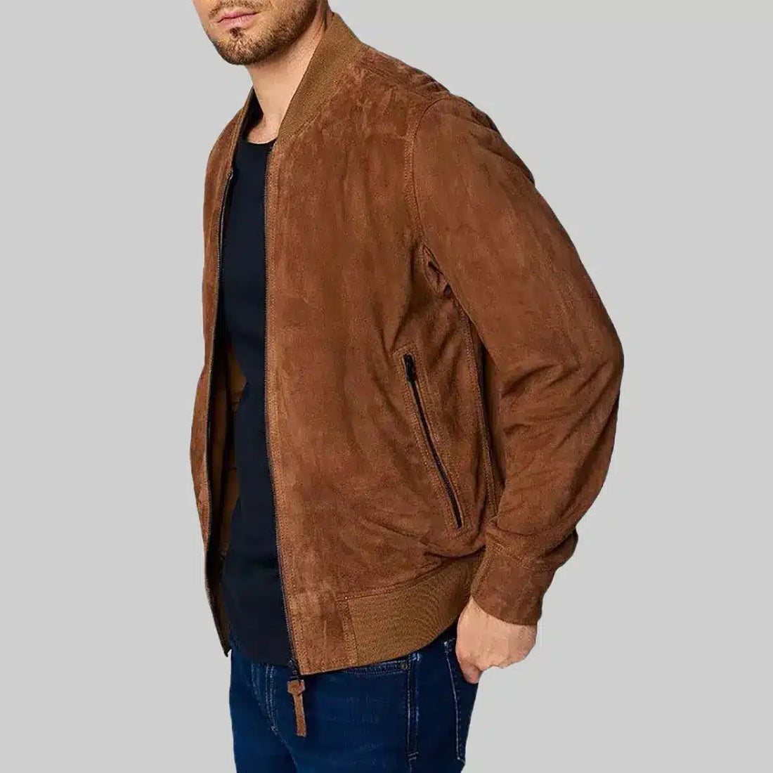 Lush Gear men's brown suede bomber jacket with zippered pockets and ribbed cuffs styled with black shirt and blue jeans