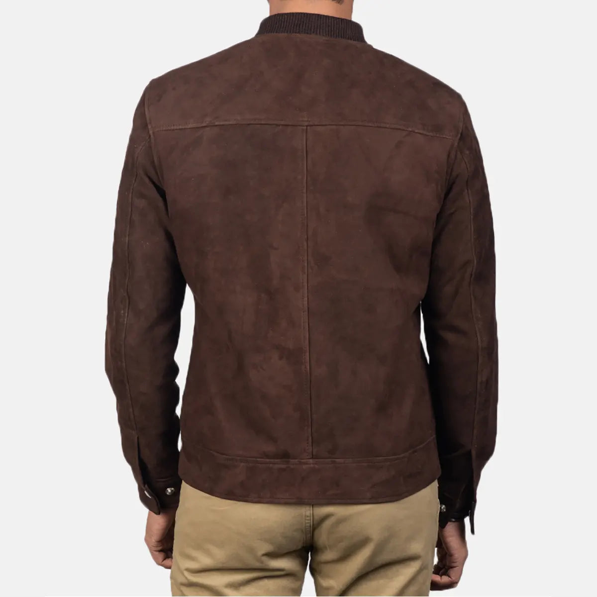 Back view of men's brown suede jacket from Lush Gear with ribbed collar and buttoned cuffs