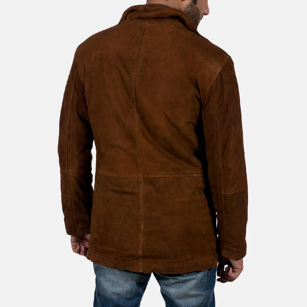 Back view of men's brown suede jacket by Lush Wear worn with blue jeans