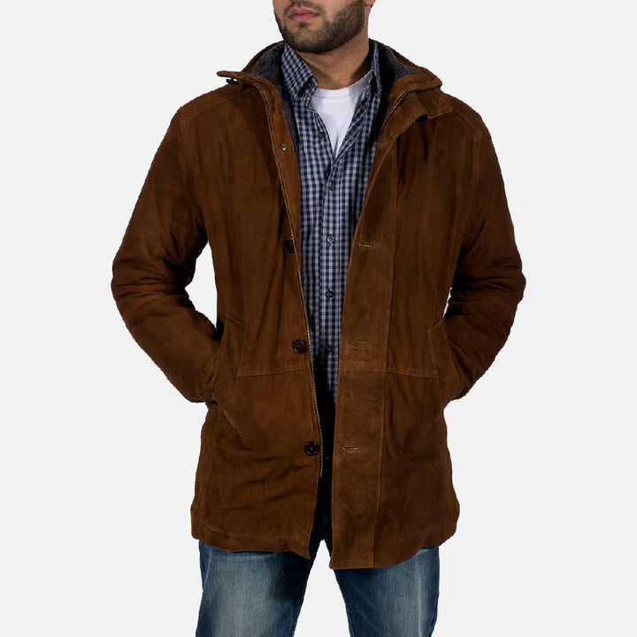 Lush Wear men's brown suede jacket with button closure worn over a checkered shirt and white tee