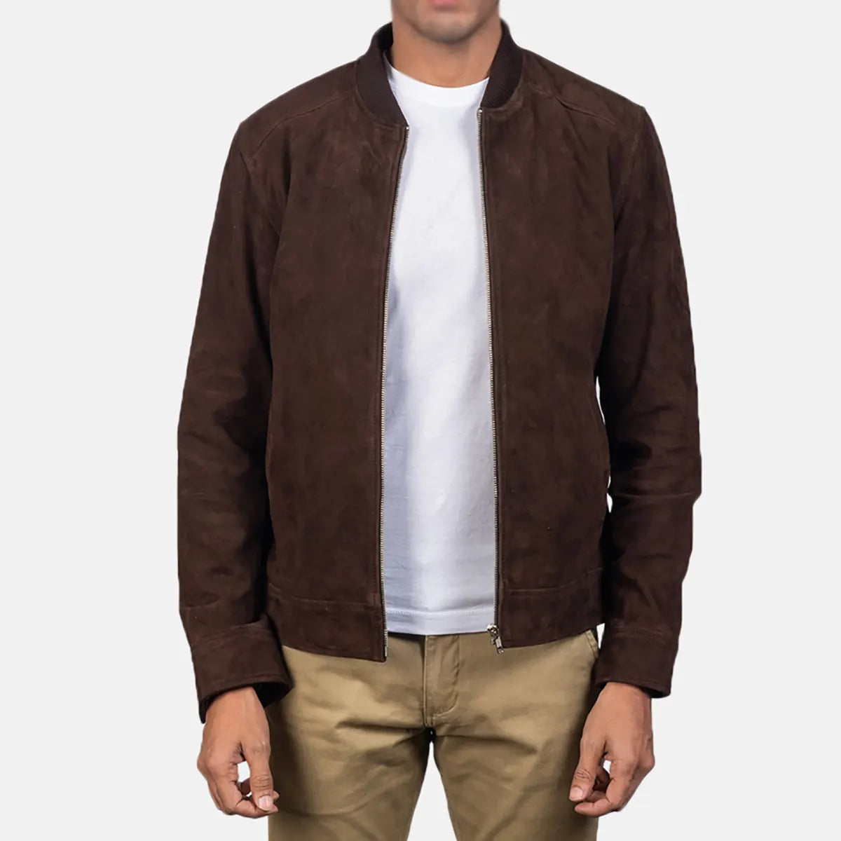Lush Gear men's brown suede jacket with front zipper and casual fit styled with white t-shirt