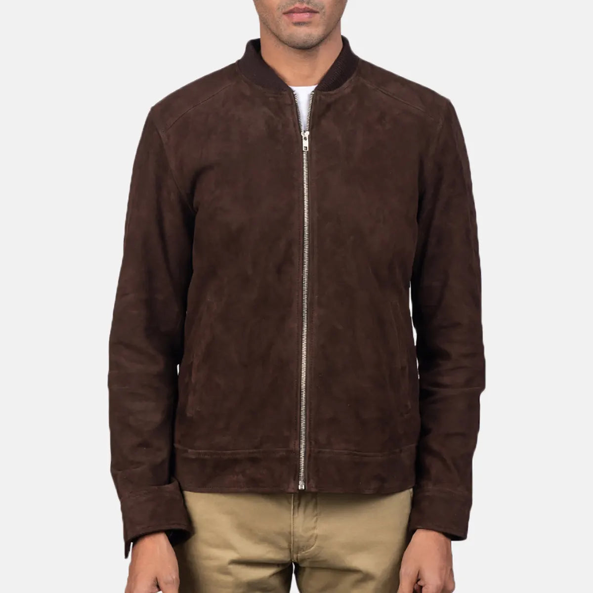 Lush Gear men's brown suede jacket with zipper front and ribbed collar on model