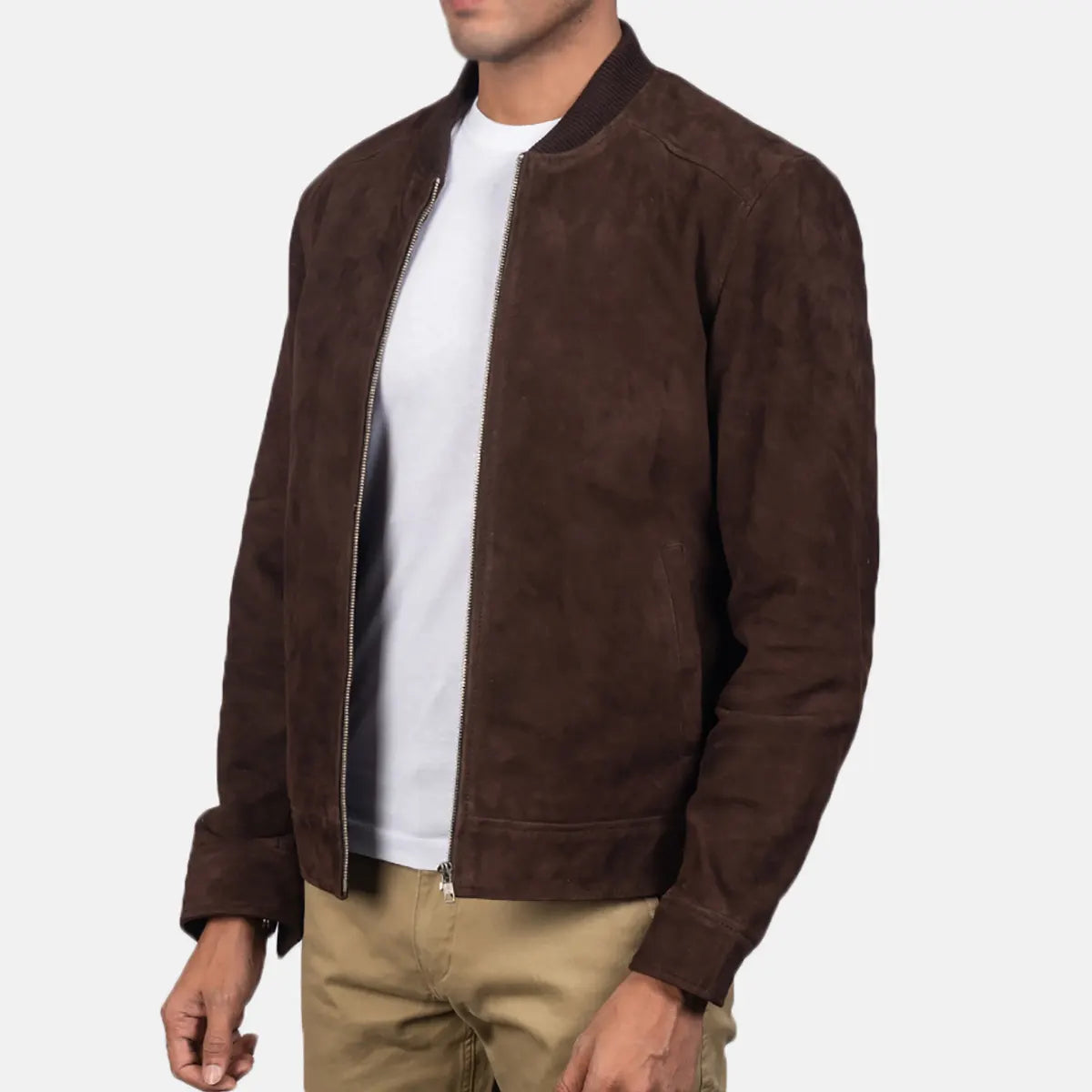 Men wearing men's brown suede jacket from Lush Gear with front zip and ribbed collar
