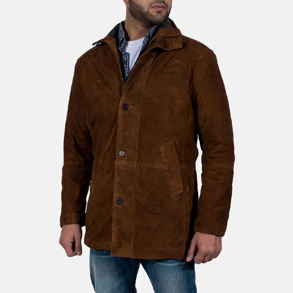 Lush Wear men's brown suede jacket with button closure and front pockets styled with blue jeans