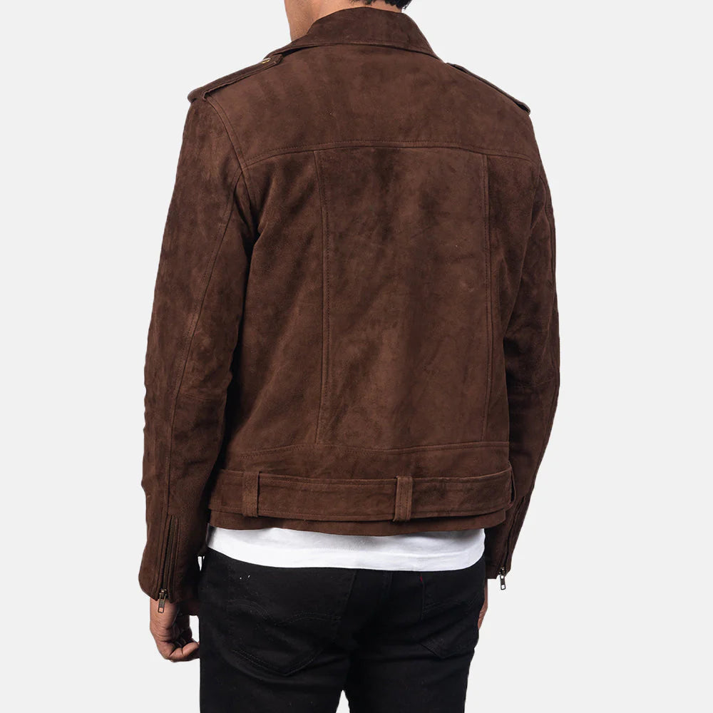 Back view of men's brown suede motorcycle jacket by Lush Gear with classic stitching and zipper details