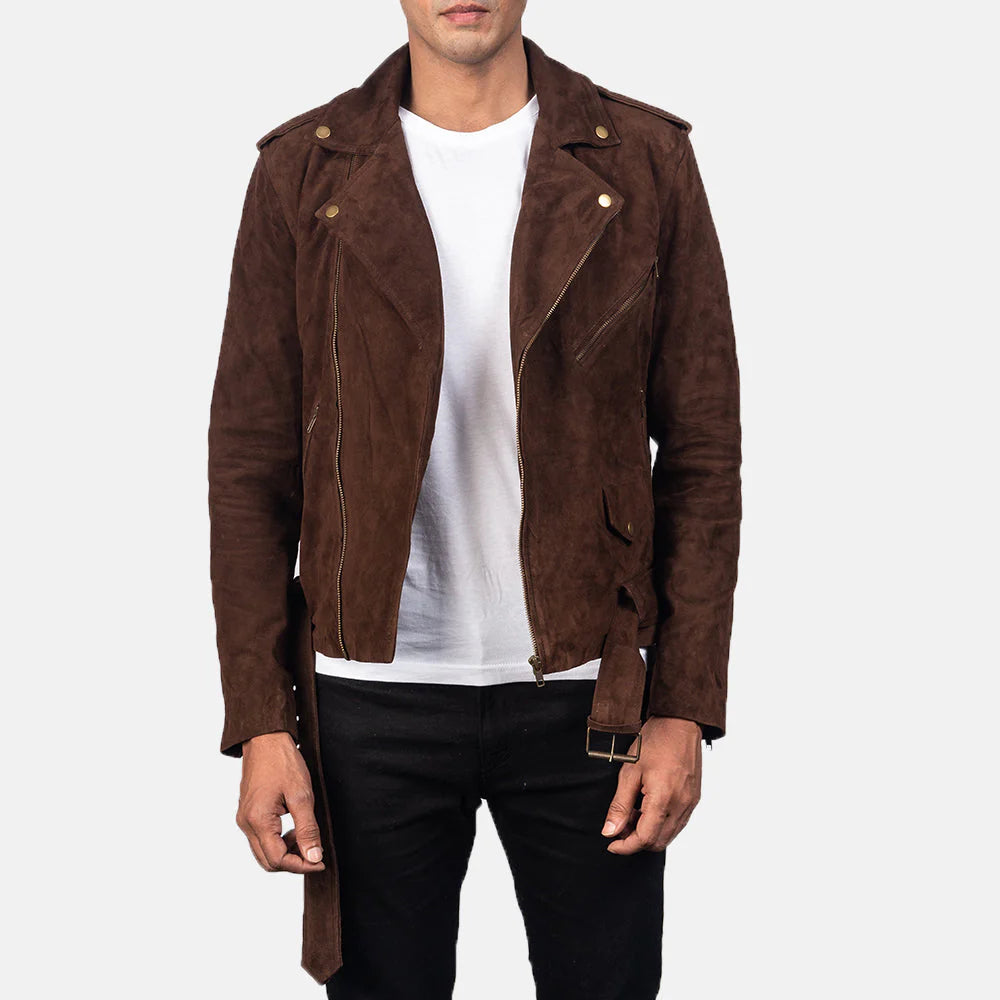 Lush Gear men's brown suede motorcycle jacket with asymmetrical zipper and belt detailing