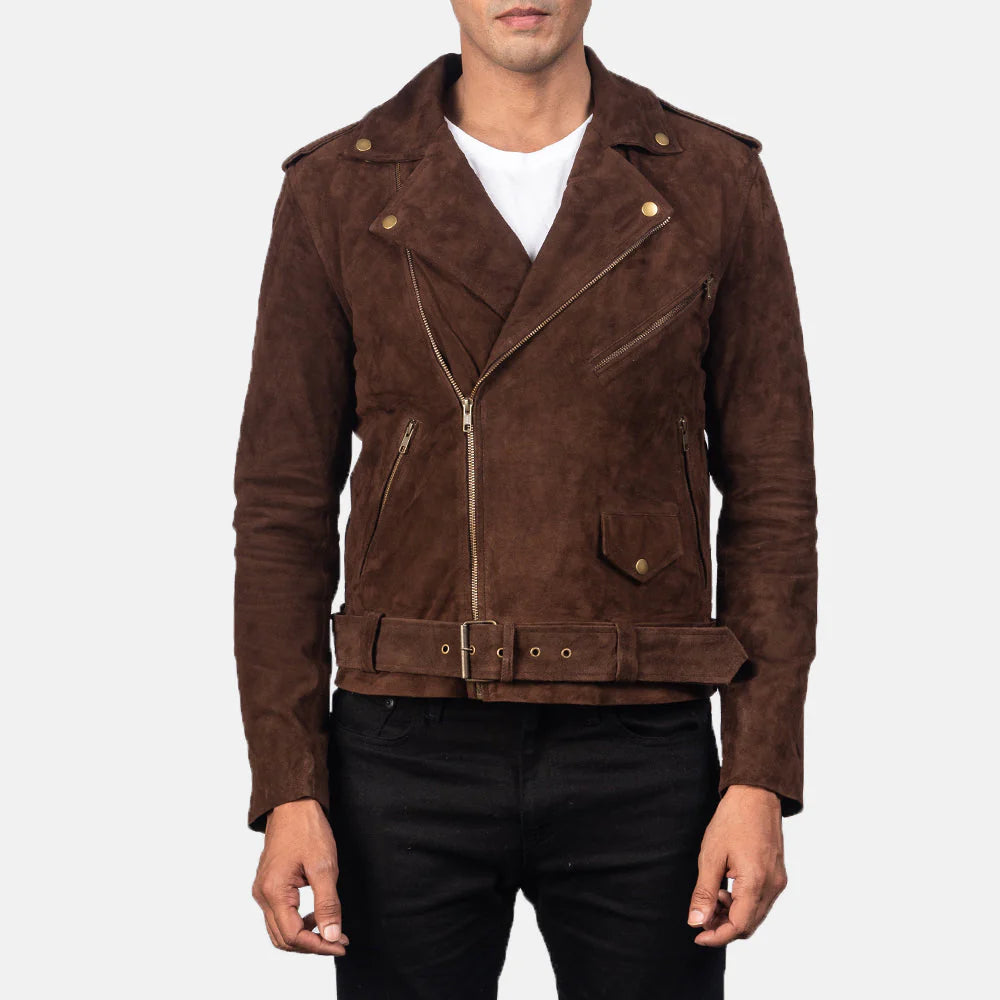 Men's brown suede motorcycle jacket by Lush Gear with zippered front and belted waist