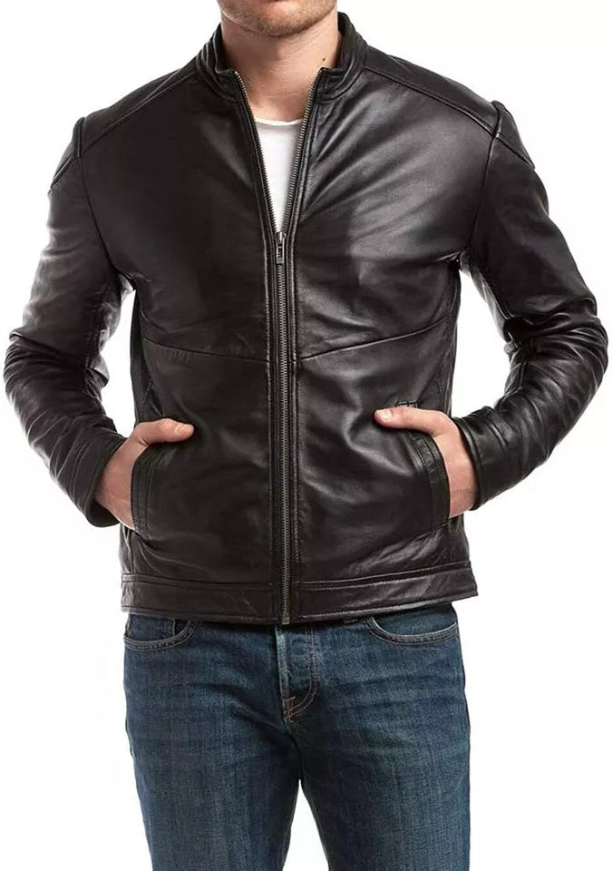 Men's Casual Simple Dark Brown SlimFit Faux Leather Jacket by Lush Gear with zipper front and side pockets