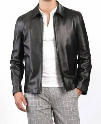 Lush Wear men's cowhide leather biker jacket in black with collar and front zipper closure