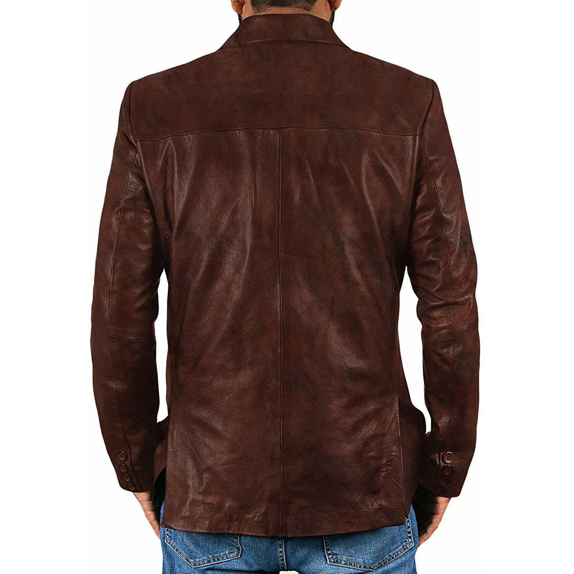 Back view of men's dark brown leather blazer by Lush Gear worn with blue jeans