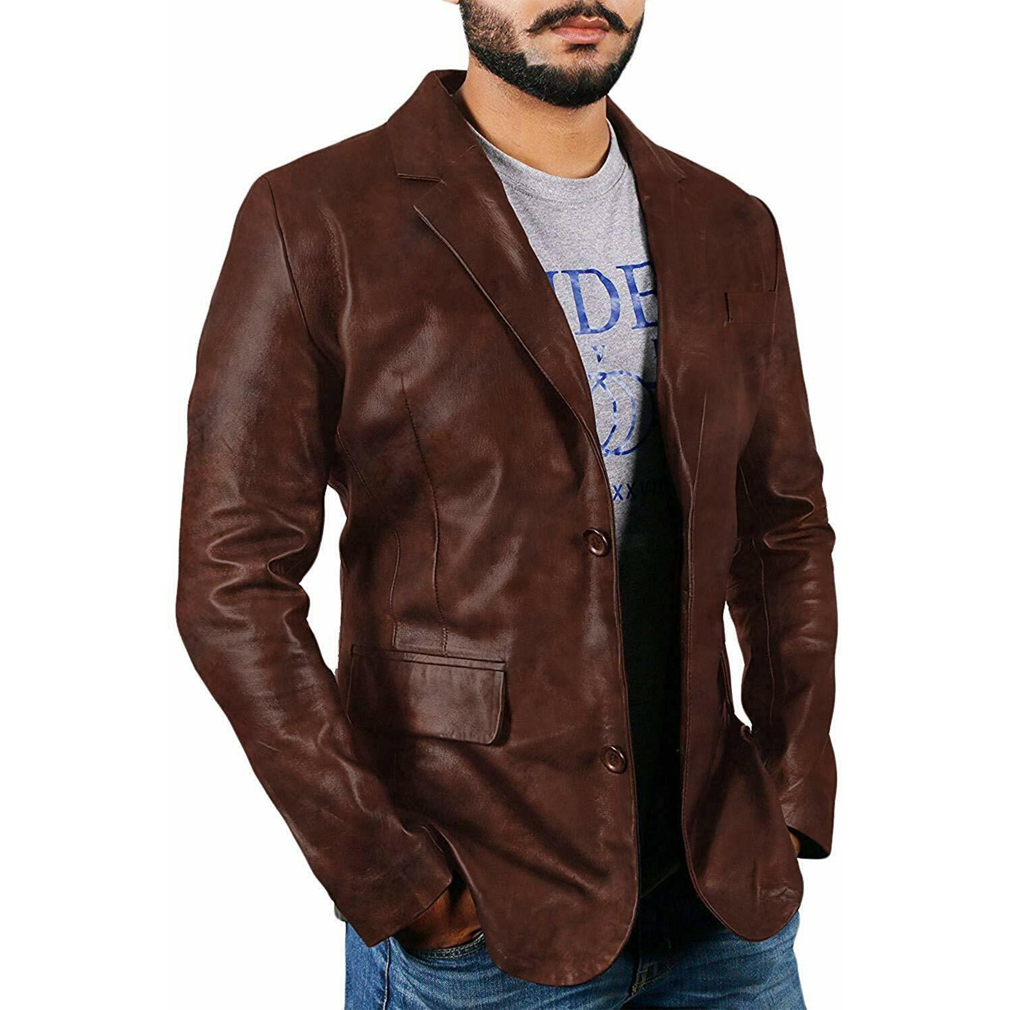 Men wearing men's dark brown leather blazer from Lush Gear with button closure and front pockets