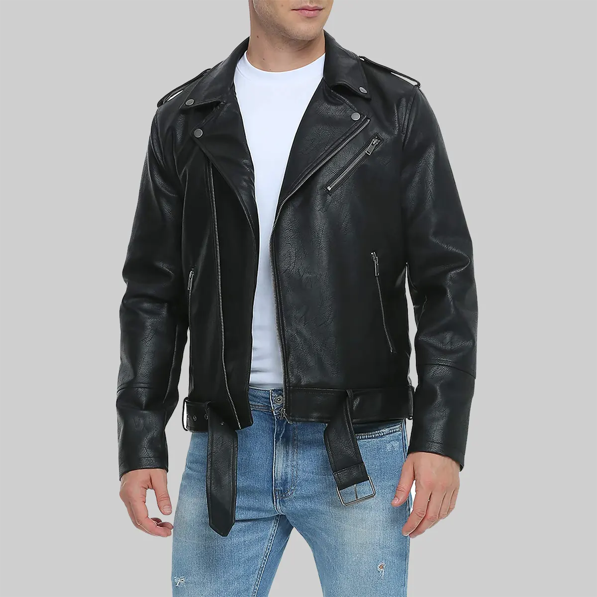 Men's distressed black leather biker jacket by Lush Gear modeled with white t-shirt and blue jeans