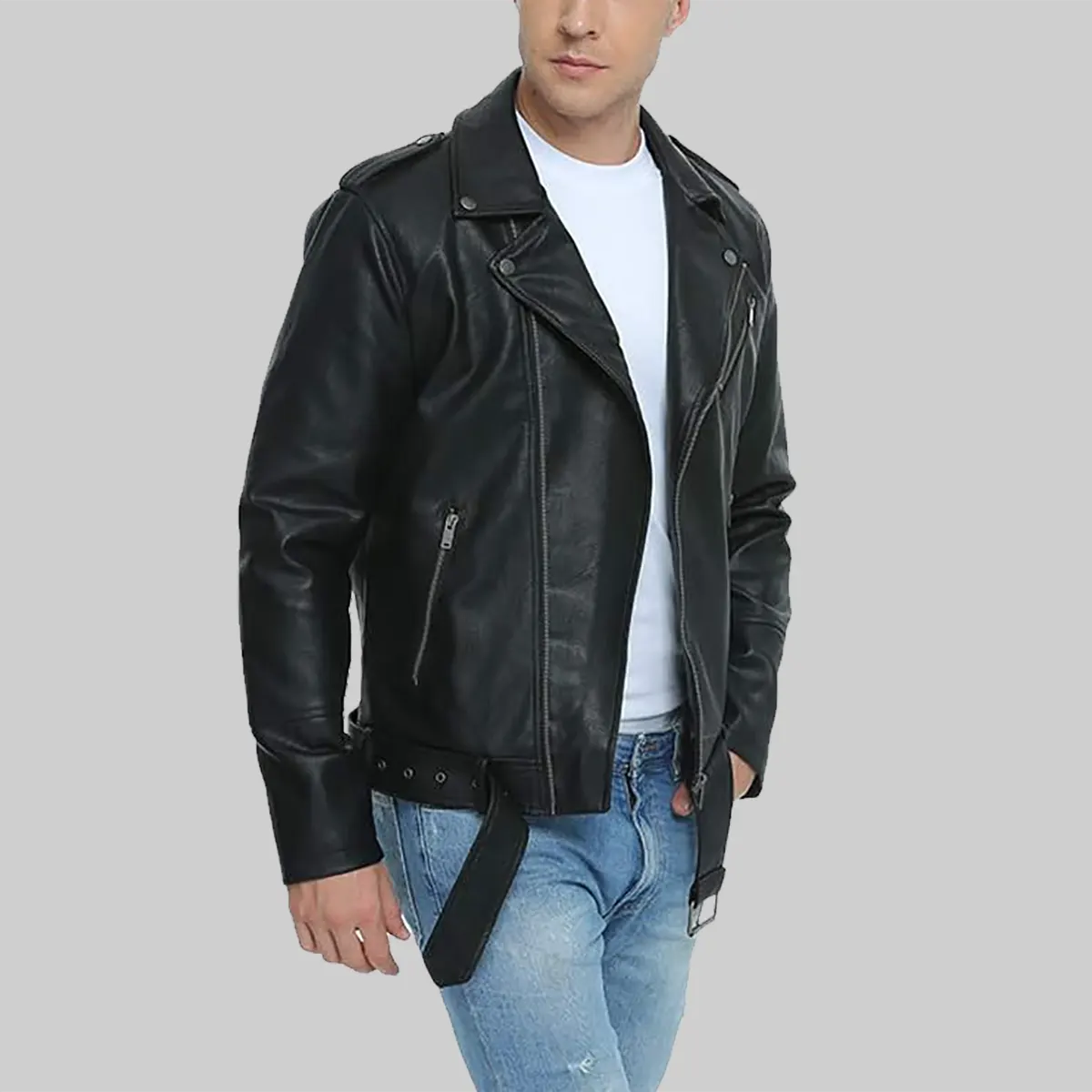 Men's distressed black leather biker jacket from Lush Gear worn with white shirt and blue jeans