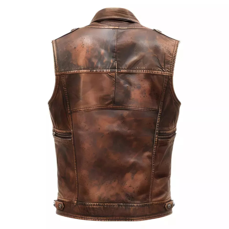 Back view of men's distressed brown leather biker vest with vintage finish by Lush Gear