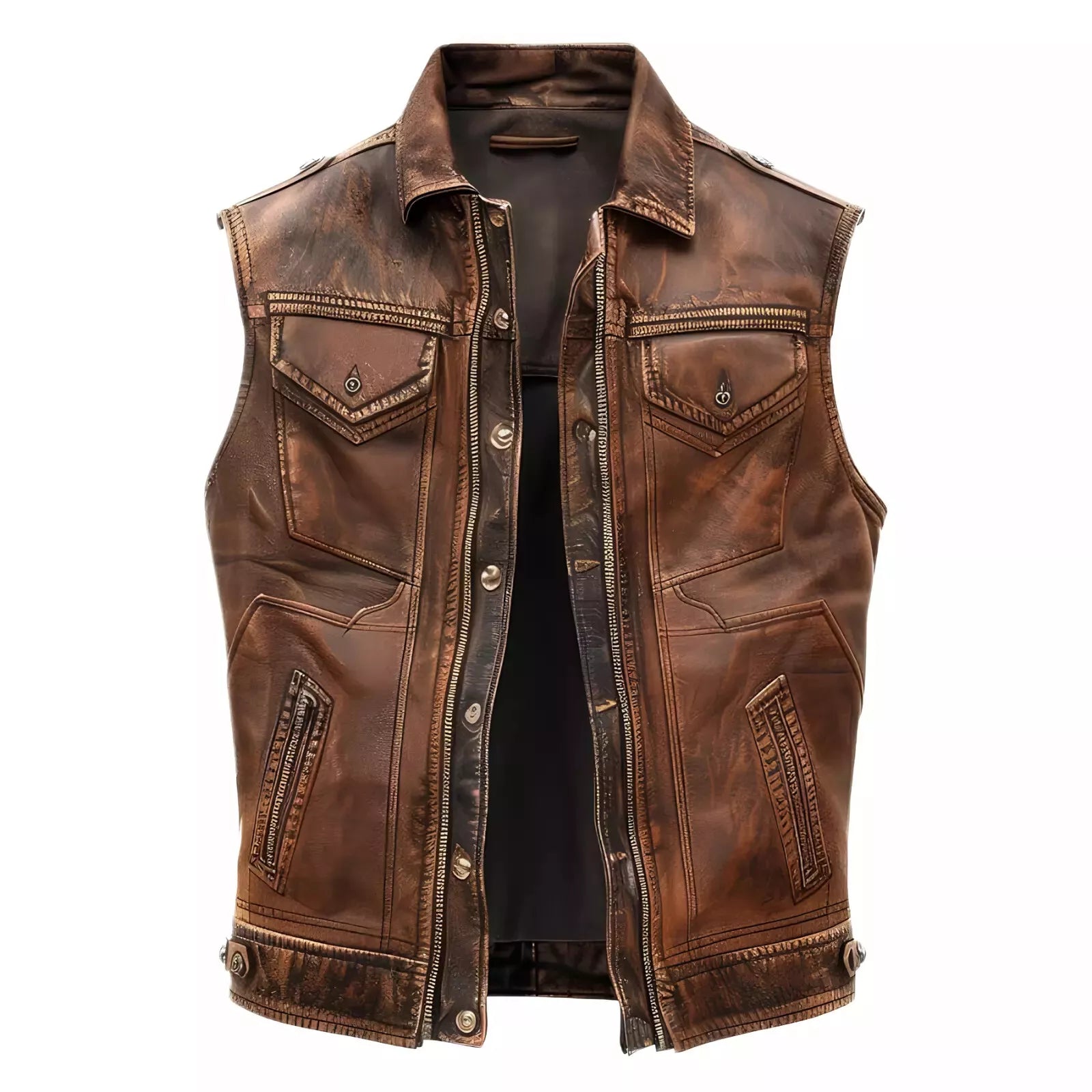 Lush Gear men's distressed brown leather biker vest with front pockets and snap buttons