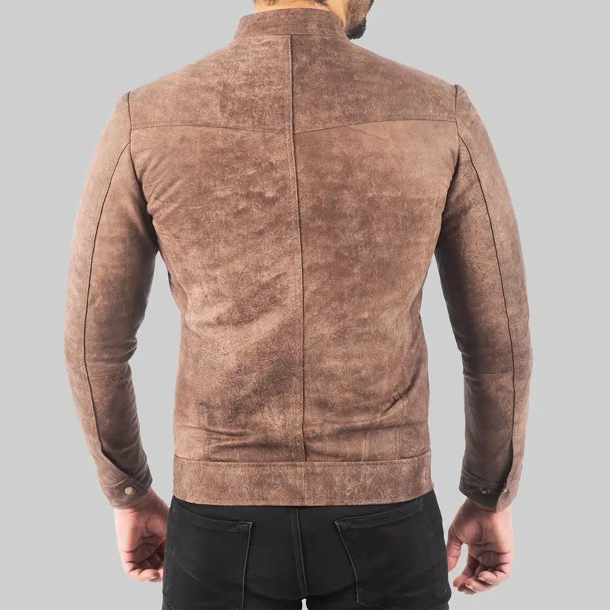 Lush Gear men's distressed leather biker jacket in brown shown from the back with long sleeves