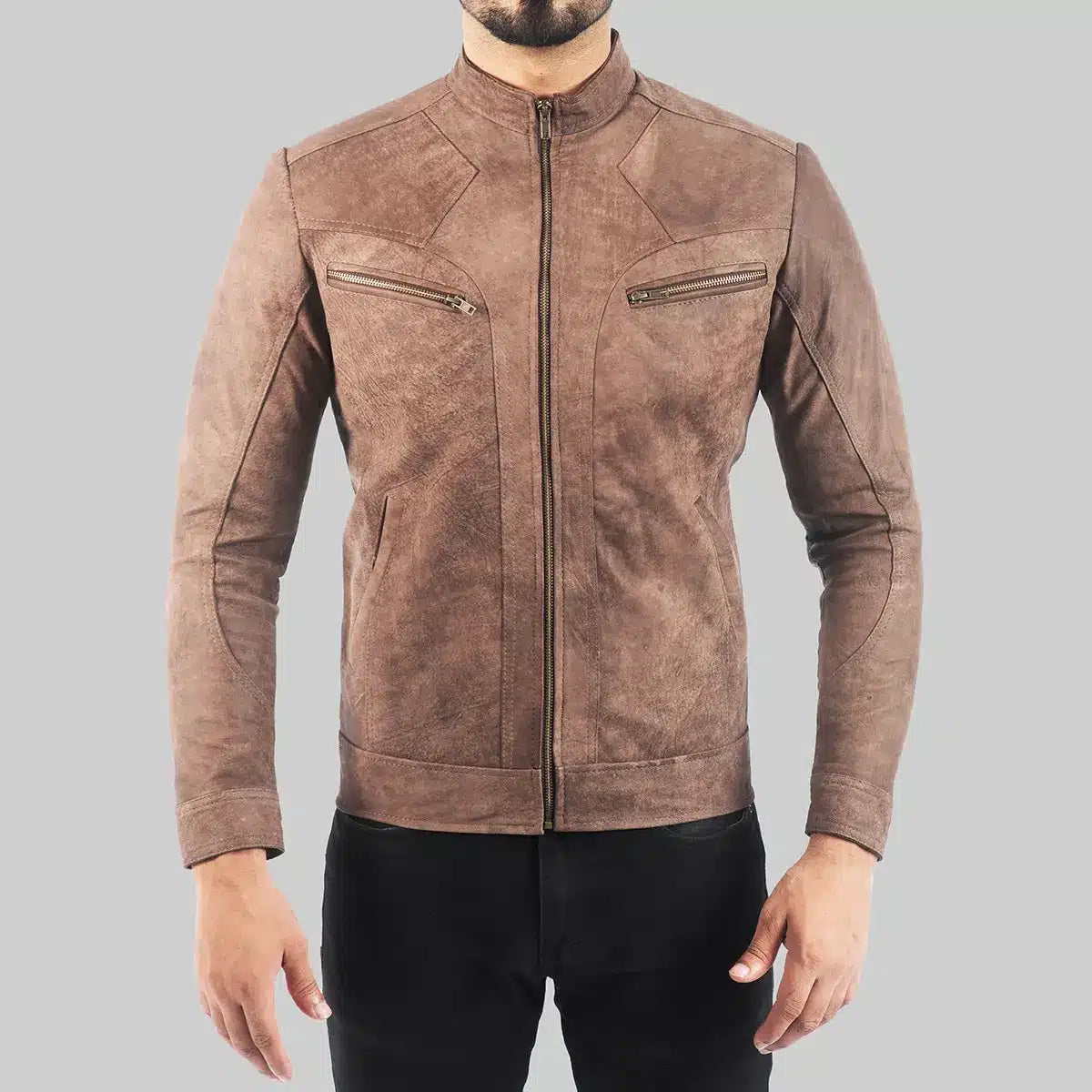Lush Gear men's distressed leather biker jacket in brown with zippered chest pockets and stand collar